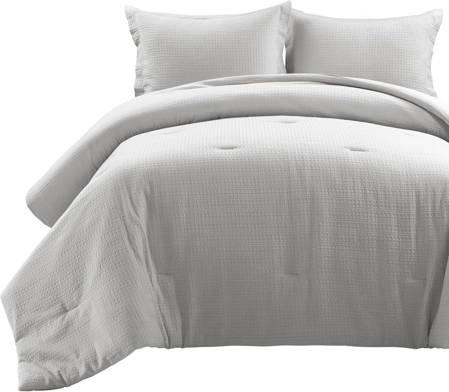 Lush Décor 3pc Full/Queen Haniya Solid Waffle Woven 100% Textured Comforter Set Gray: Includes Pillow Shams, Machine Washable