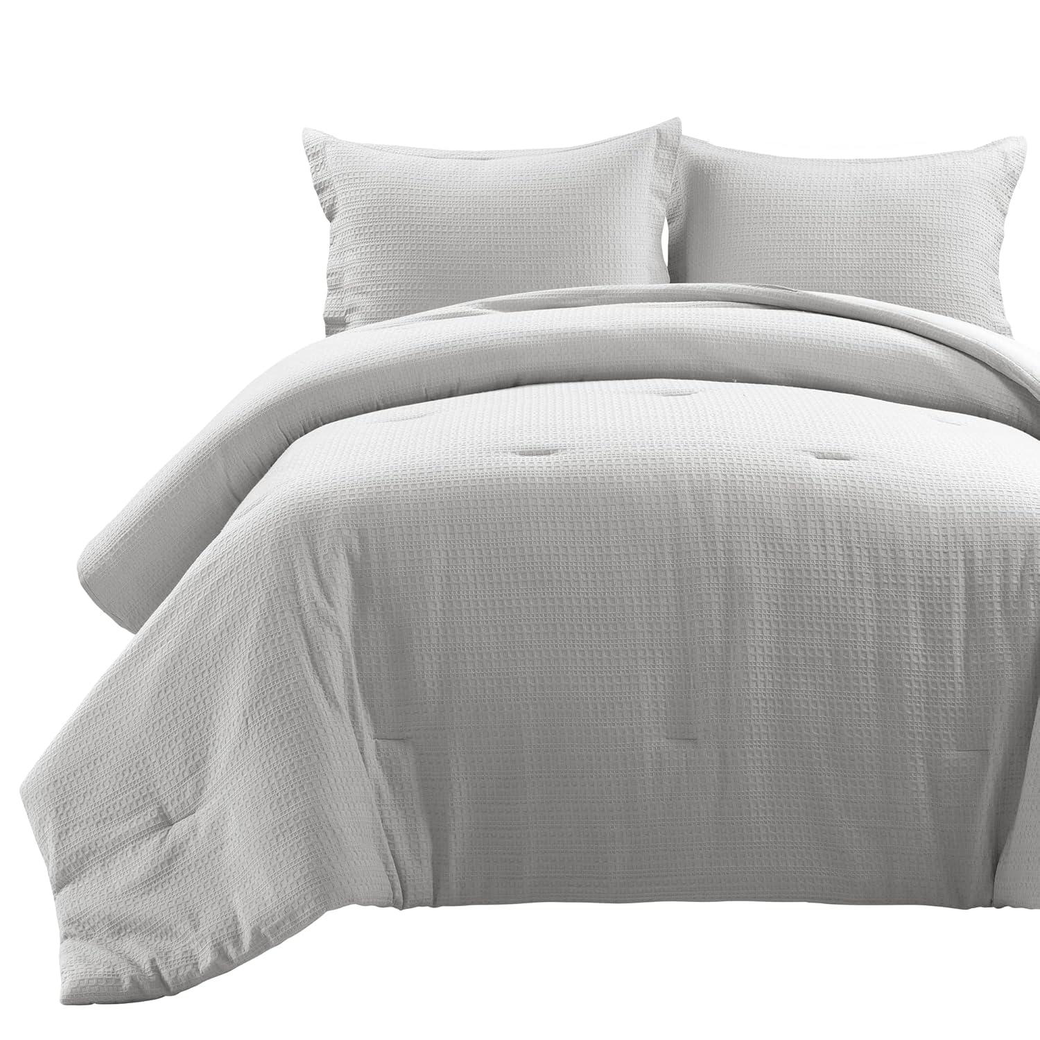 Lush Décor 3pc Full/Queen Haniya Solid Waffle Woven 100% Textured Comforter Set Gray: Includes Pillow Shams, Machine Washable