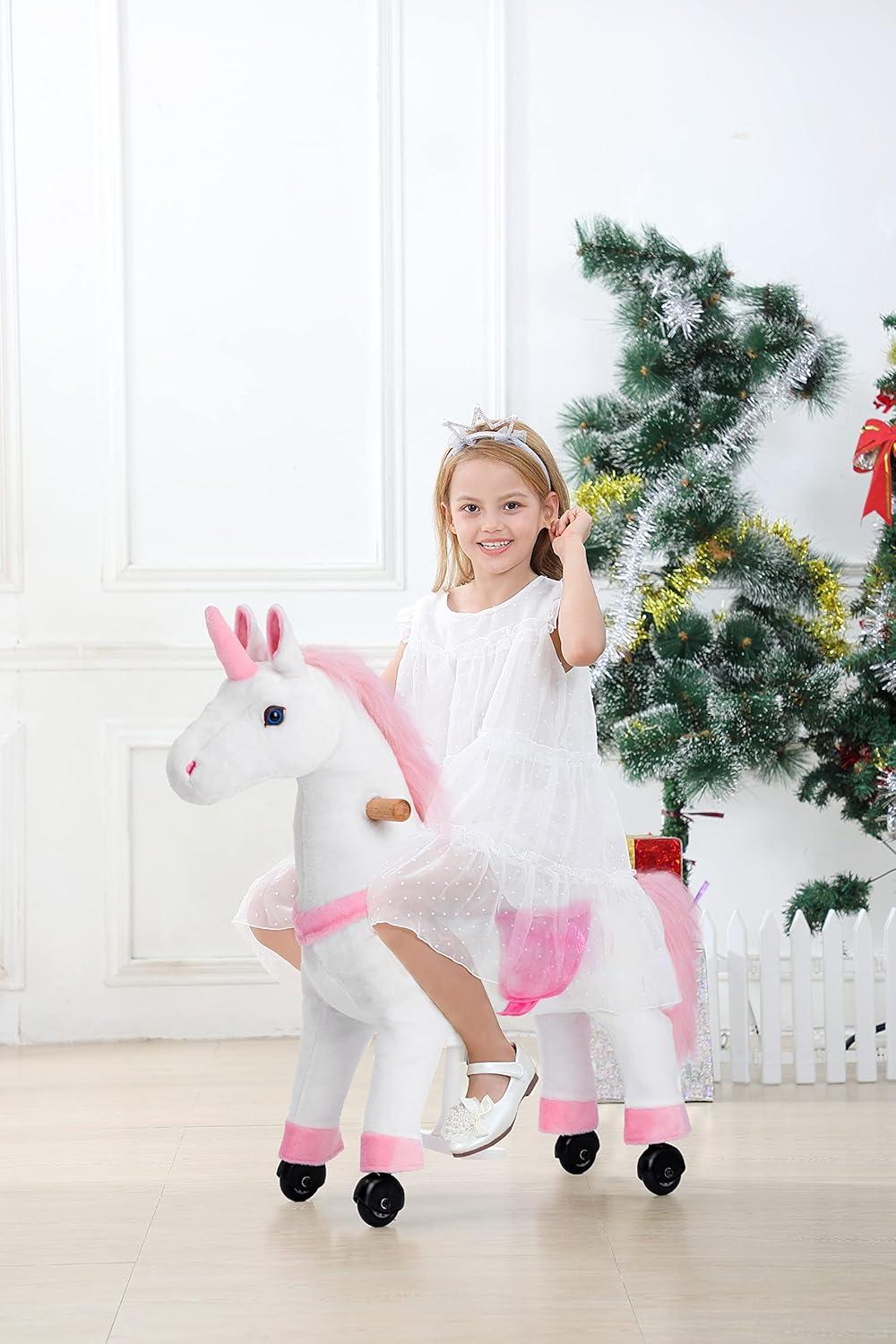 JoJoPooNy Ride on Unicorn Toys for Girls, Ride on Horse Riding Pony for Children 3-6 Years Old, Rideable Plush Walking Horse Animal with Wheels