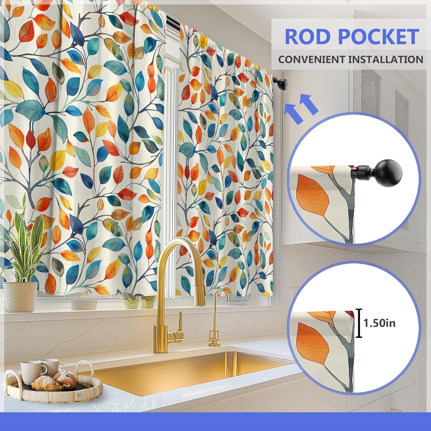 Aimego Colorful Leaves Kitchen Curtains - Floral Spring Botanical Tier Cafe Curtains Farmhouse Country Small Window for Bathroom Living RV Rod Pocket Window Drapes 36 Inch 2 Panels Set 28 "x36