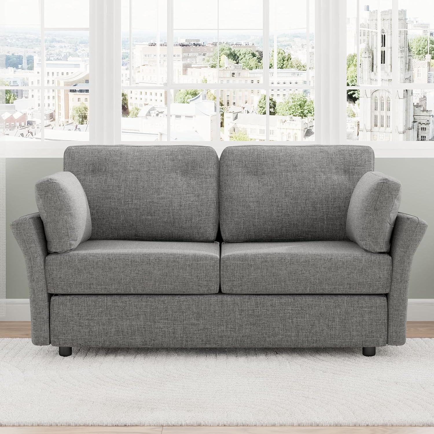 Novilla 57" Loveseat Sofa for Living Room, Linen Fabric Upholstered Small Couch With 2 Bolster Pillows for Apartment, Bedroom, Toolless Assembly, Grey