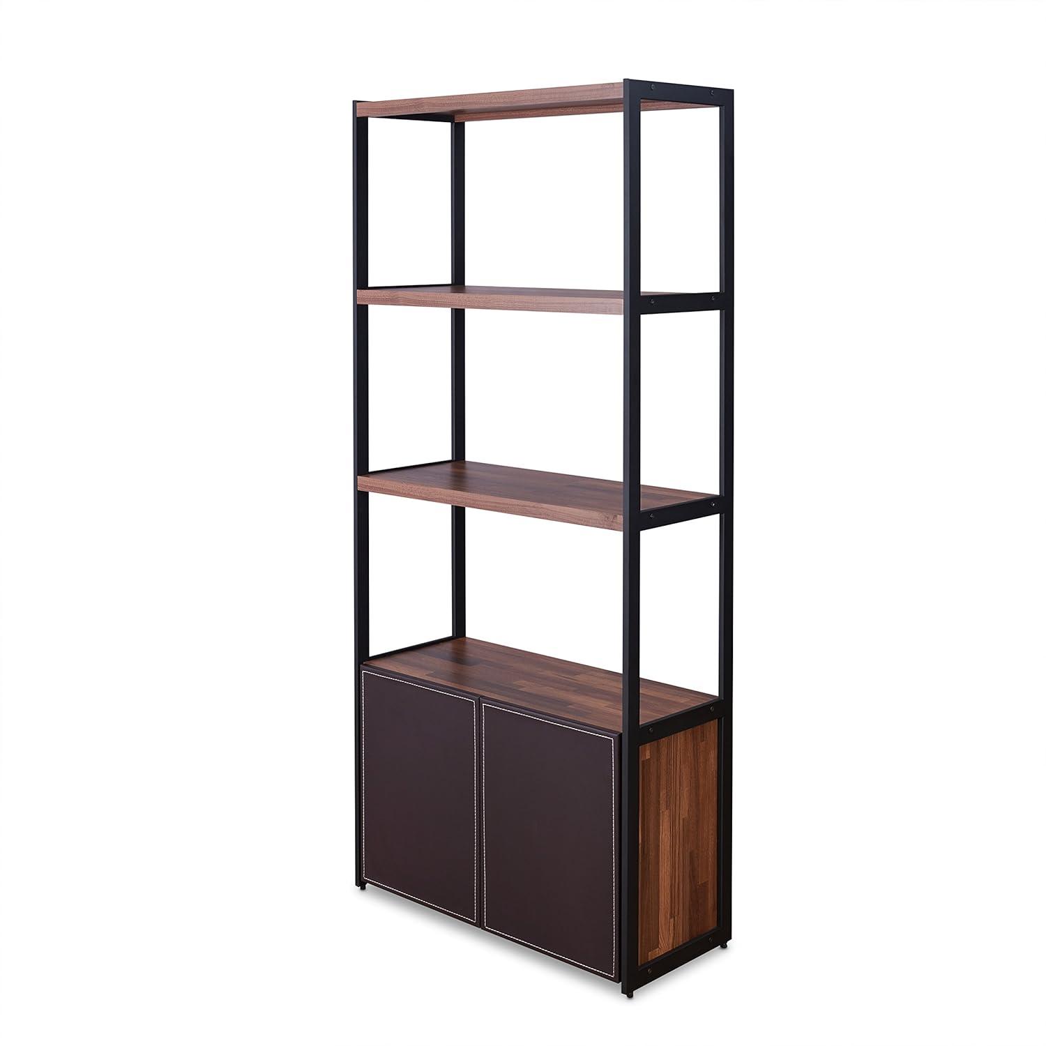 Modern Black Wood Bookcase with Faux Leather Doors, 32"x70"