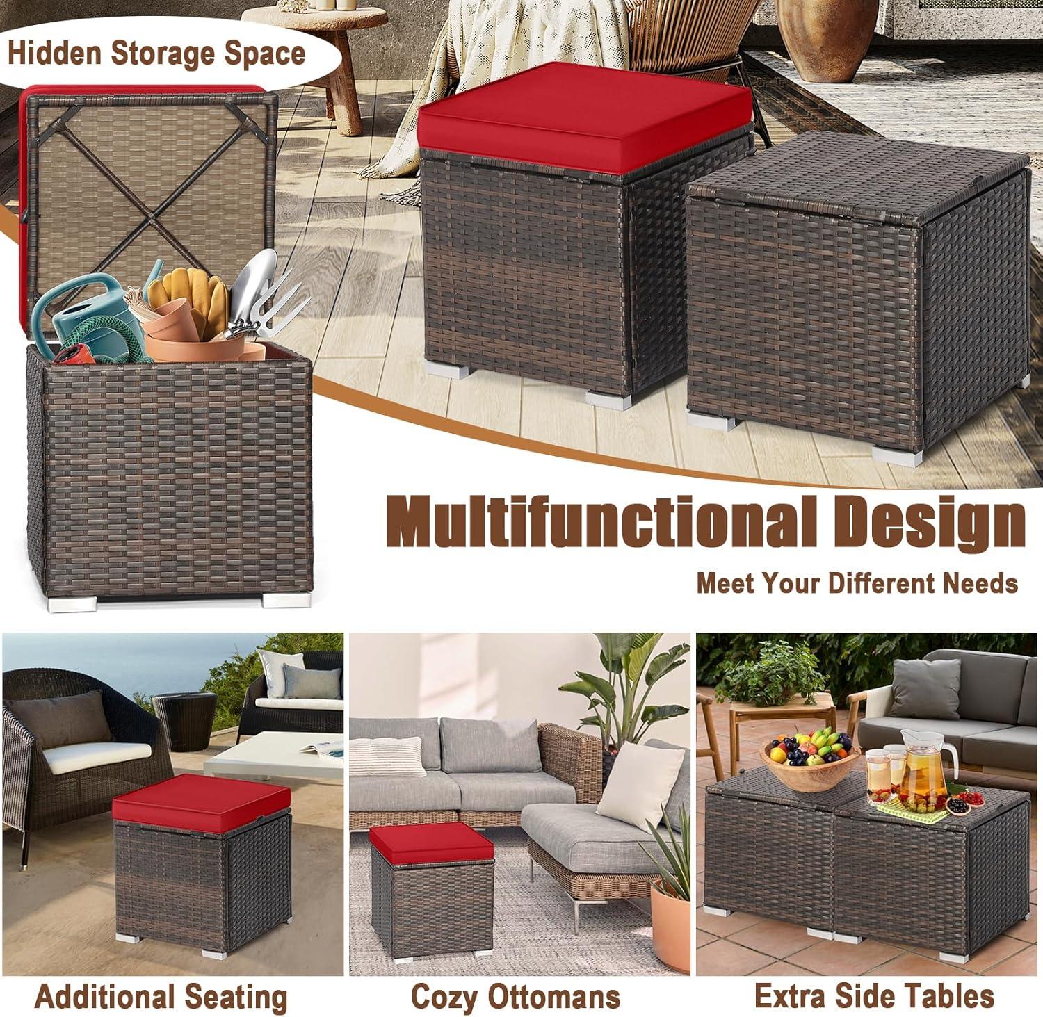 Latitude Run® 2-Pieces Patio Ottoman Set Outdoor Wicker Stool With Storage
