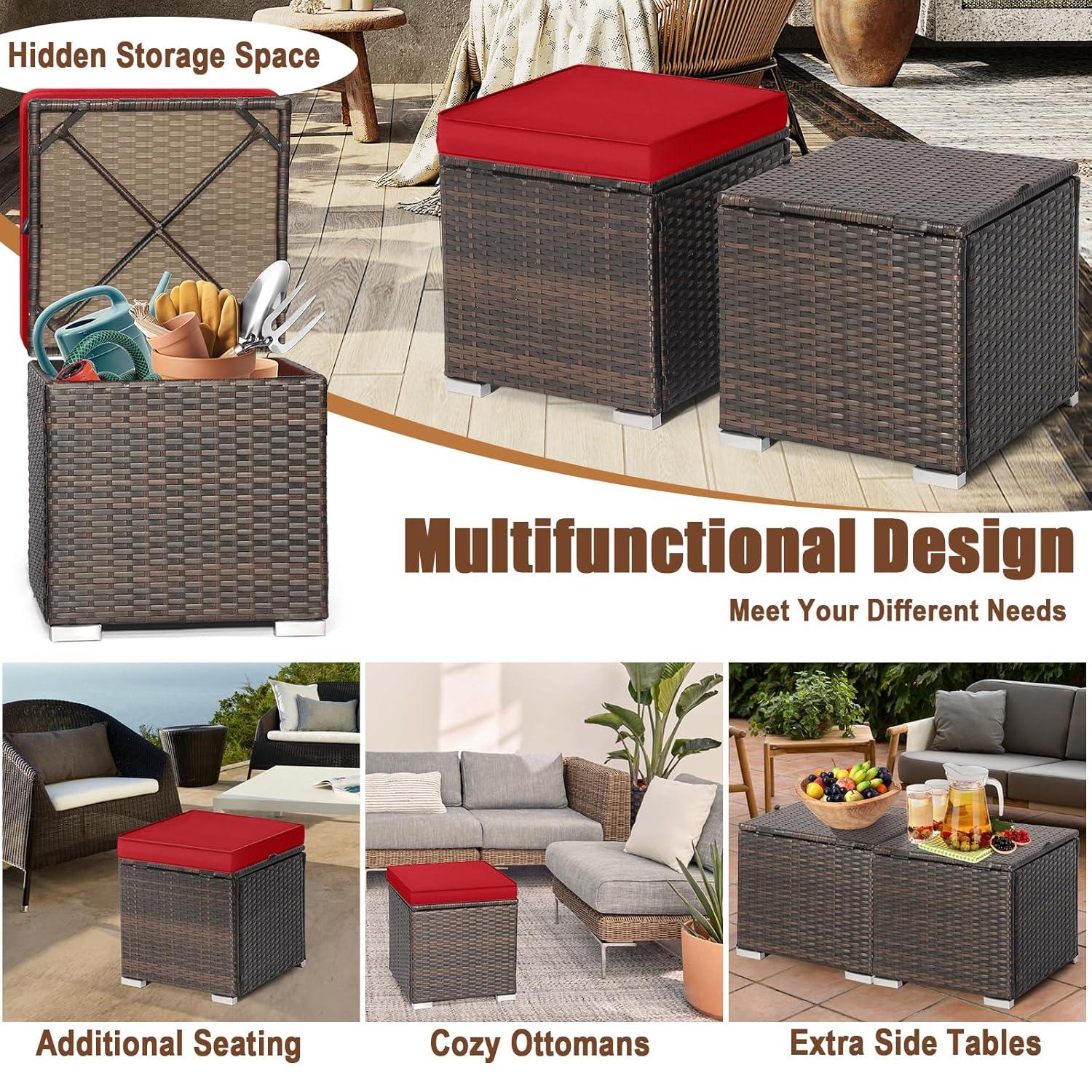 Latitude Run® 2-Pieces Patio Ottoman Set Outdoor Wicker Stool With Storage