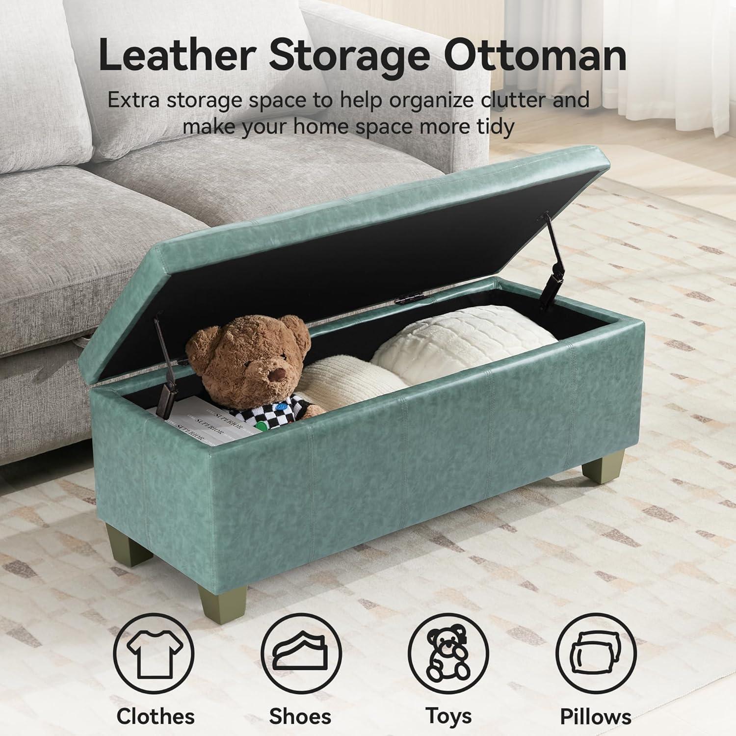 Ebern Designs Faux Leather Storage Ottoman, Rectangle Upholstered End Of Bed Storage Bench,  Stitch Tufted Bedroom Bench With Storage, Entryway Large Storage Ottoman With Wooden Legs
