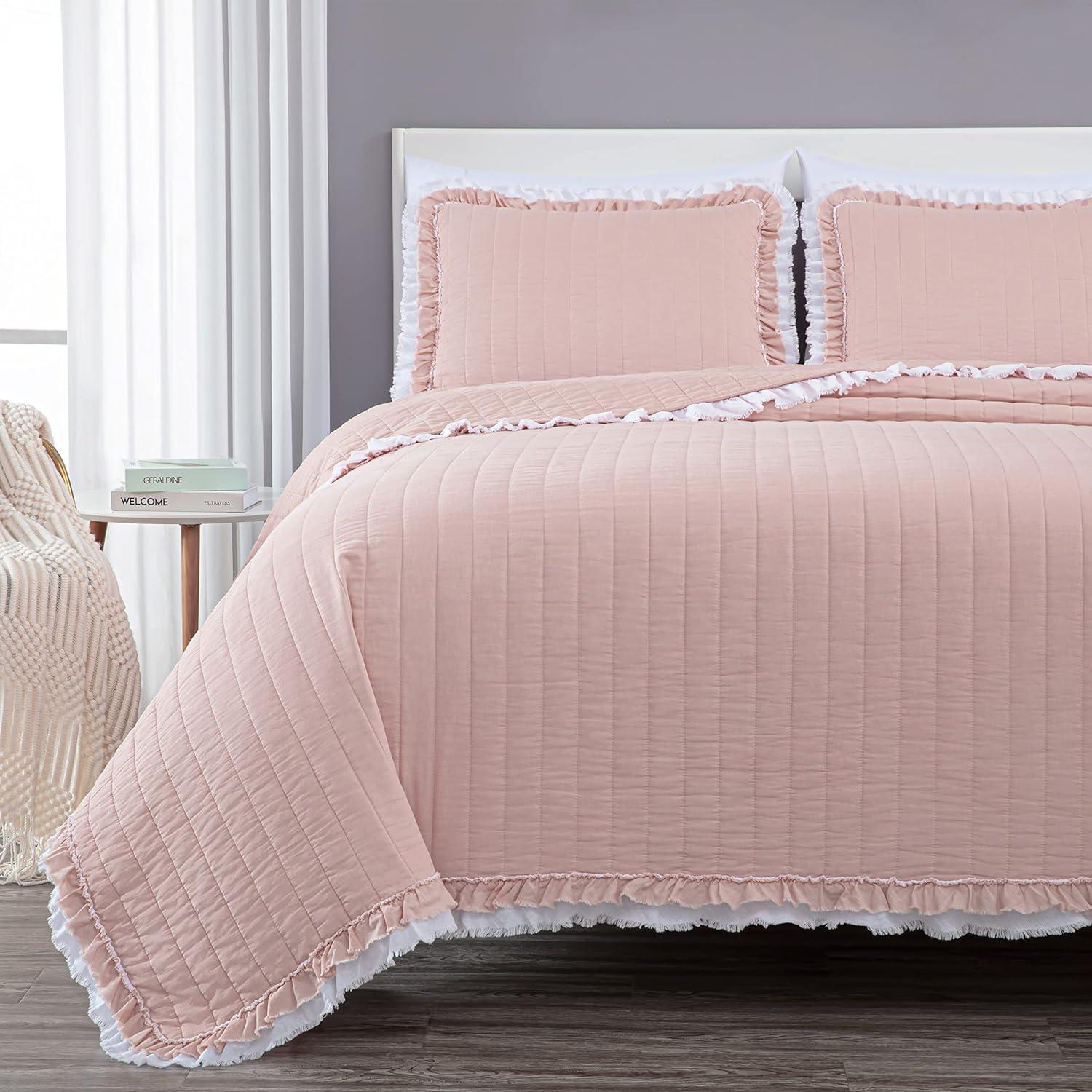 Chezmoi Collection Bonnie 2-Piece 100% Cotton Quilt Set Twin Size, Blush - Double Frayed Ruffled Edge Lightweight Pre-Washed Soft-Finished Cotton Bedspread for All Season