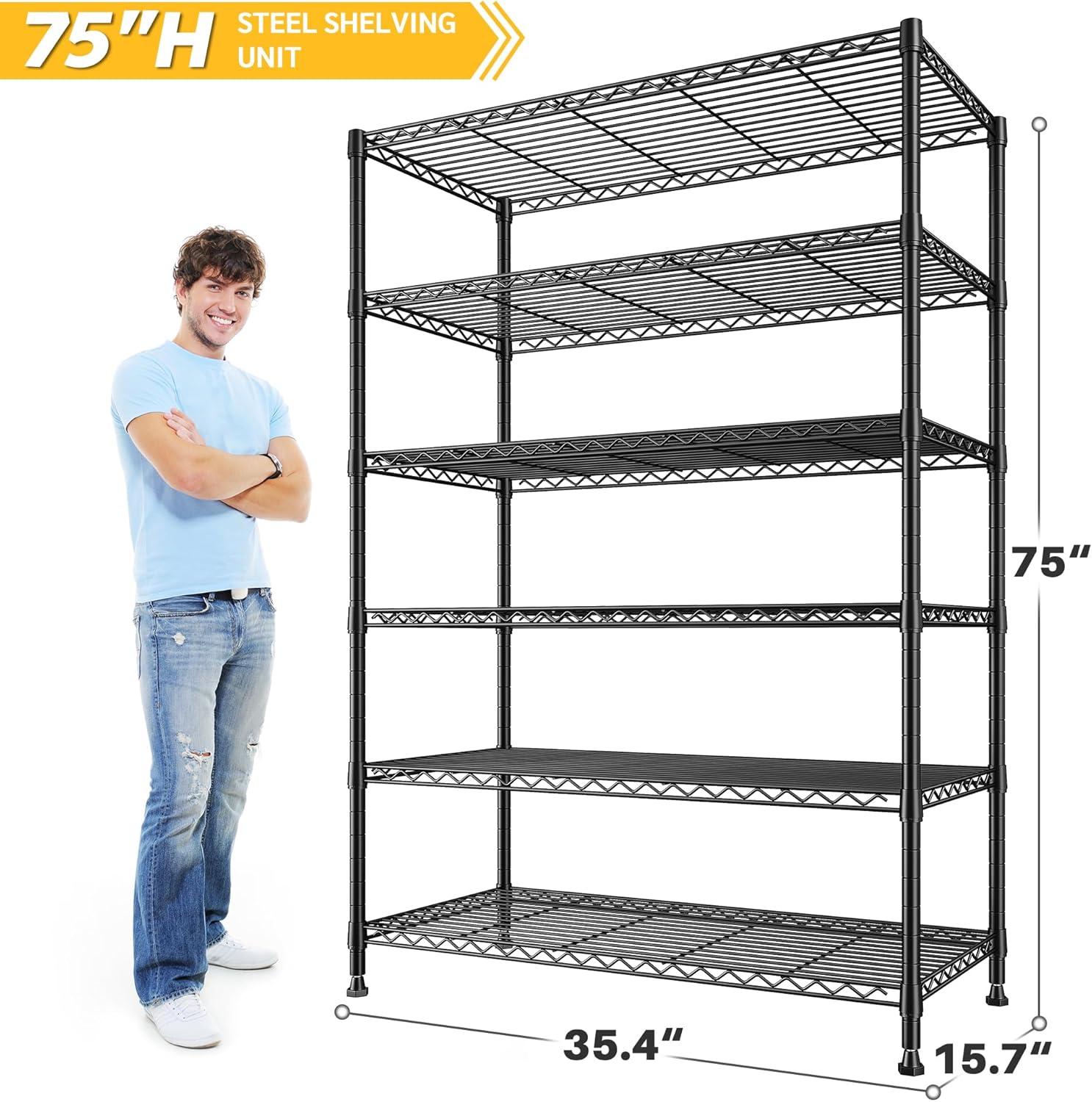 REIBII 75" H Storage Shelves 6-Tier Large Wire Shelving Unit Adjustable Metal Shelving Units Detachable Storage Rack for Kitchen Laundry Living Room Heavy Duty Metal Shelf 75" X35" X14"