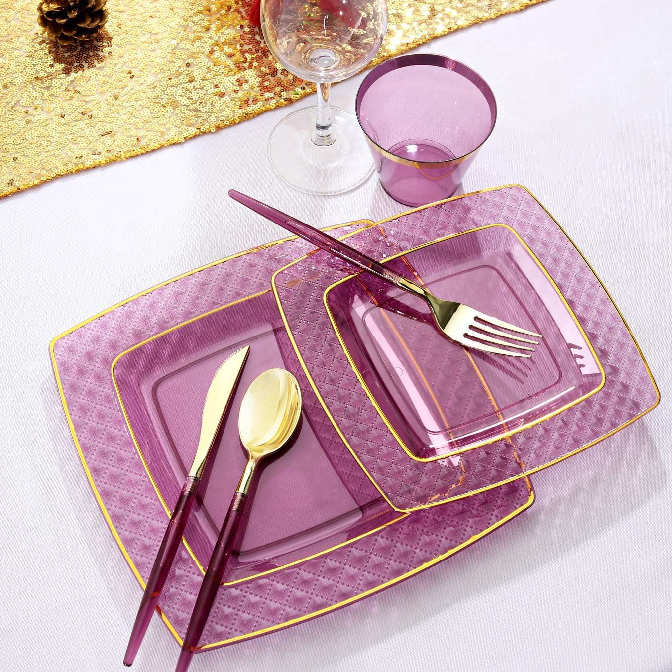 Elegant Purple and Gold Disposable Plastic Dinnerware Set