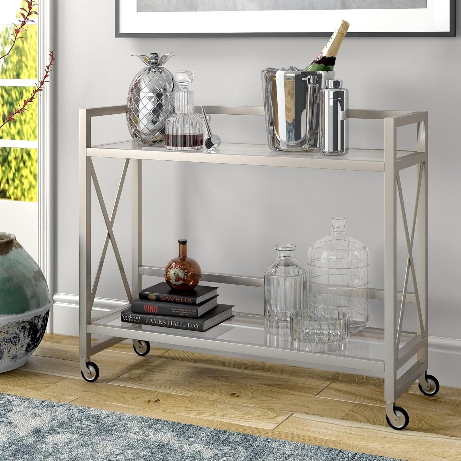 Contemporary Satin Nickel Rolling Bar Cart with Glass Shelves