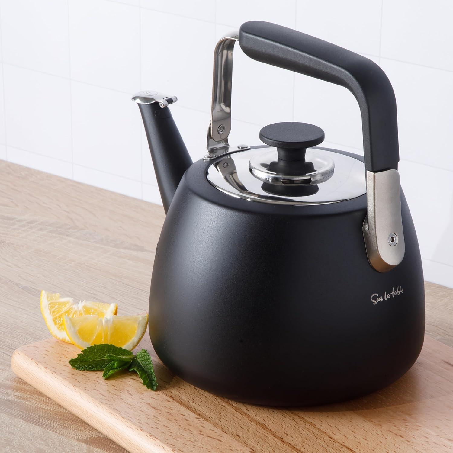 Large Brushed Stainless Steel Whistling Tea Kettle with Black Handle