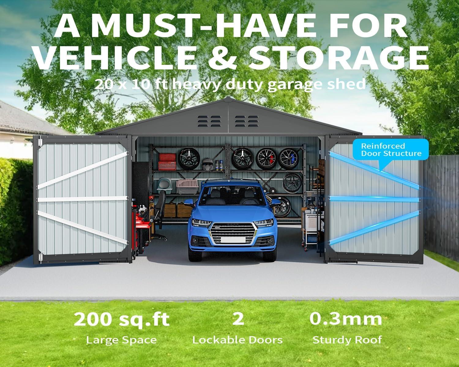 20 x 10 FT Outdoor Storage Shed, Large Metal Garden Shed with 2 Lockable Doors, Tool Shed Outdoor Storage with 4 Air Vents, Garage Shed Waterproof for Car, Truck, Bike, Garbage Can, Tool, Dark Gray