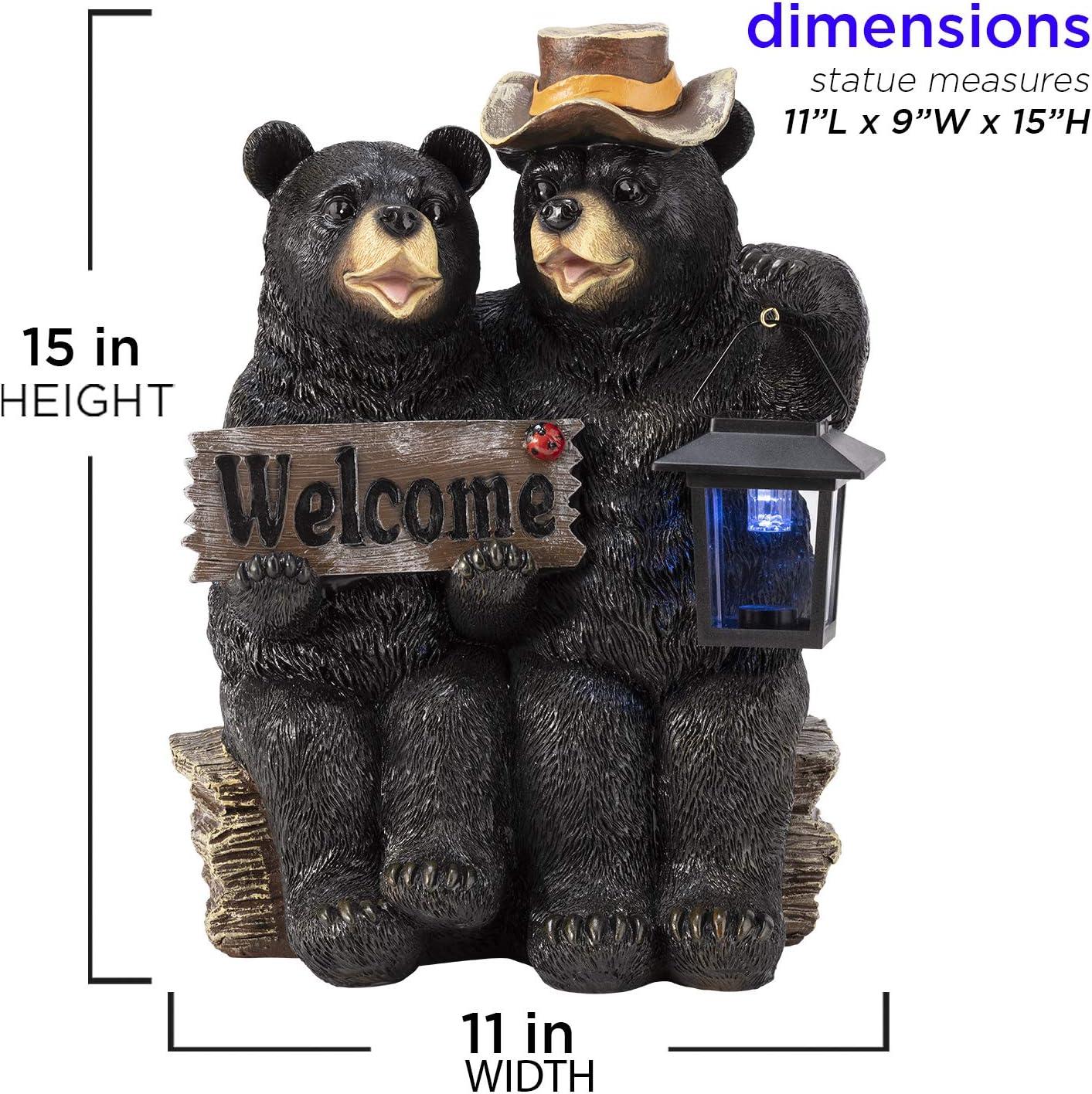 Alpine Corporation 15" Tall Outdoor Bear Couple with Lantern and Welcome Sign Statue with Solar LED Light Yard Art Decoration