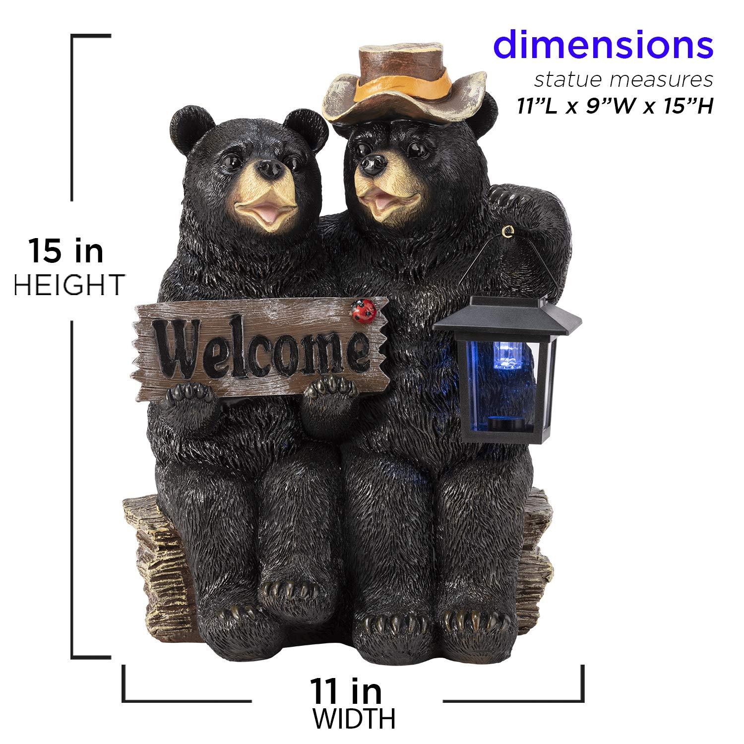 Alpine Corporation 15" Tall Outdoor Bear Couple with Lantern and Welcome Sign Statue with Solar LED Light Yard Art Decoration
