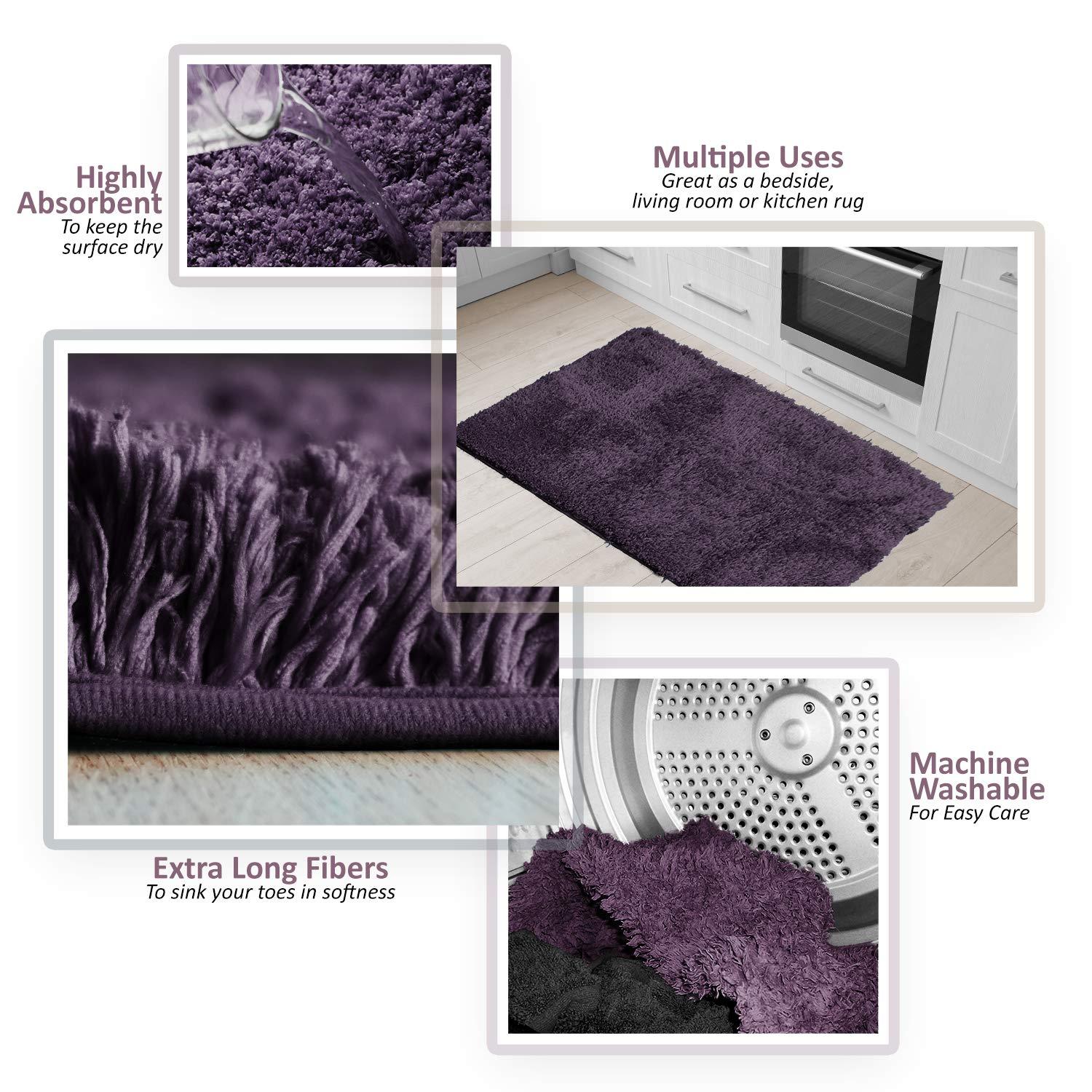 Clara Clark Set of 3 Absorbent Bath Mat Non-Slip Backing Rubber Bathroom Rugs, 17x24, 20x32, 32x48 Eggplant