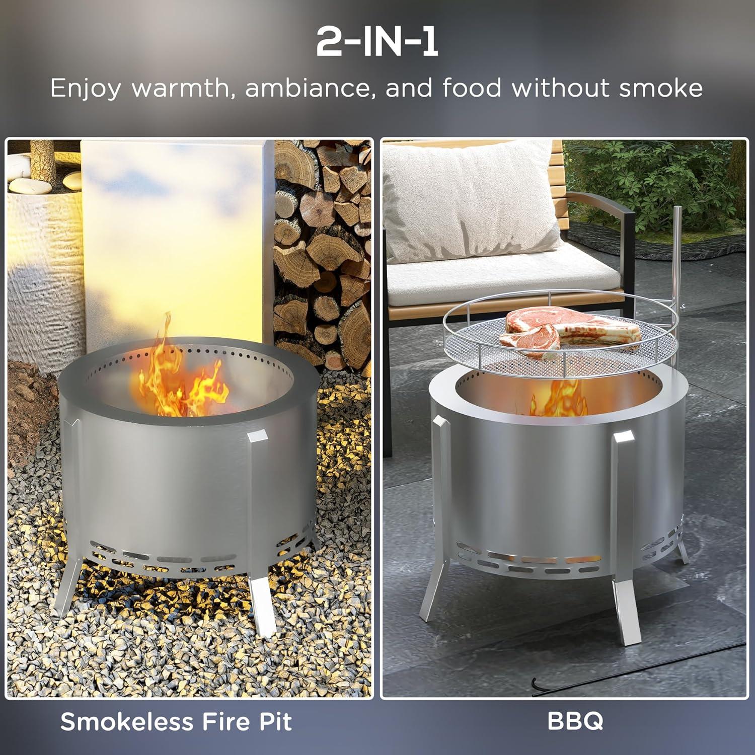 Outsunny 2-In-1 Smokeless Fire Pit, BBQ Grill, 19" Portable Wood Burning Firepit With Cooking Grate And Poker, Low Smoke Camping Bonfire Stove  Backyard Patio Picnic, Stainless Steel, Silver