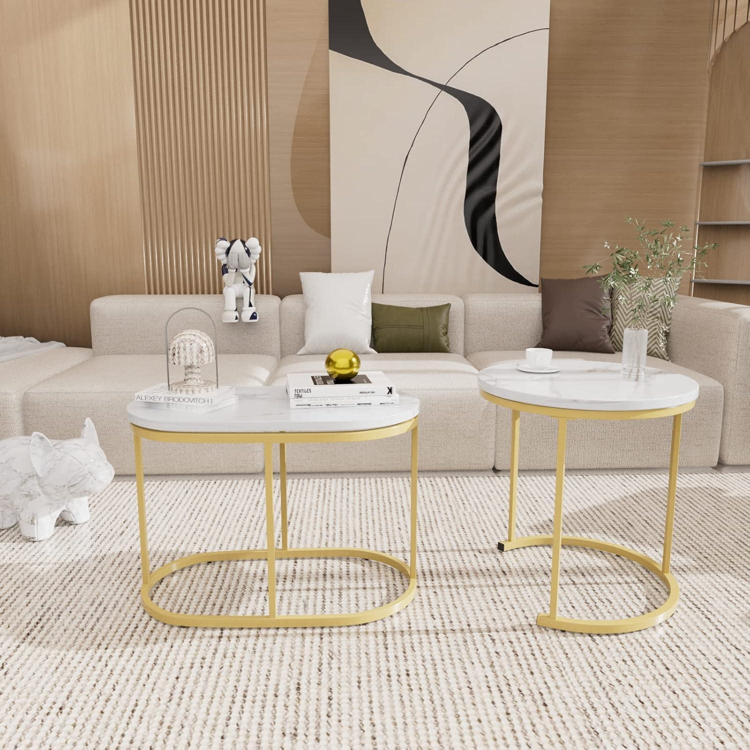 Modern Round White Marble and Gold Nesting Coffee Table Set