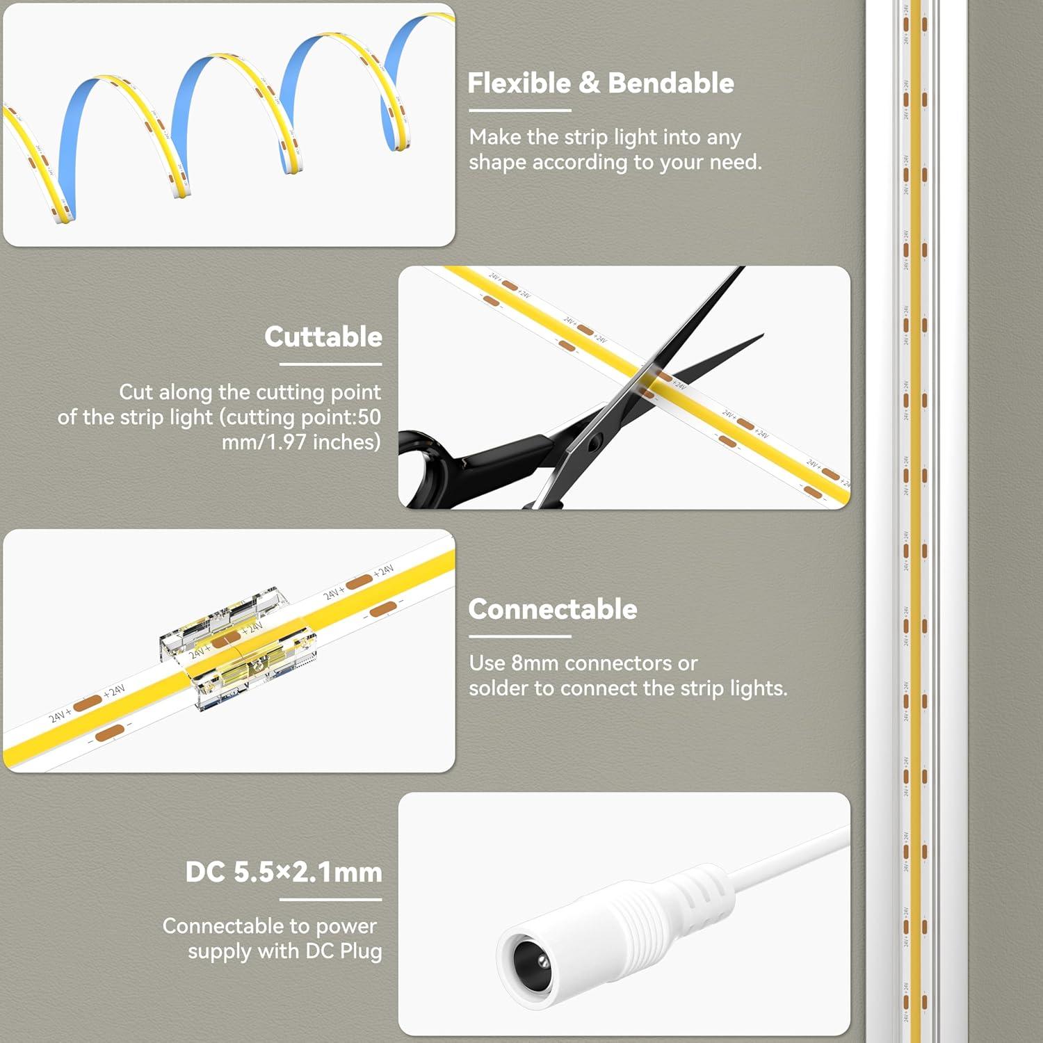 MIWISE COB LED Strip 20ft/6.1m,CRI 90+ Warm White 3000K High Lumen Super Bright Flexible DC24V LED Tape Light,for Cabinet Home Office DIY Lighting Projects(Adapter & Controller NOT Included)