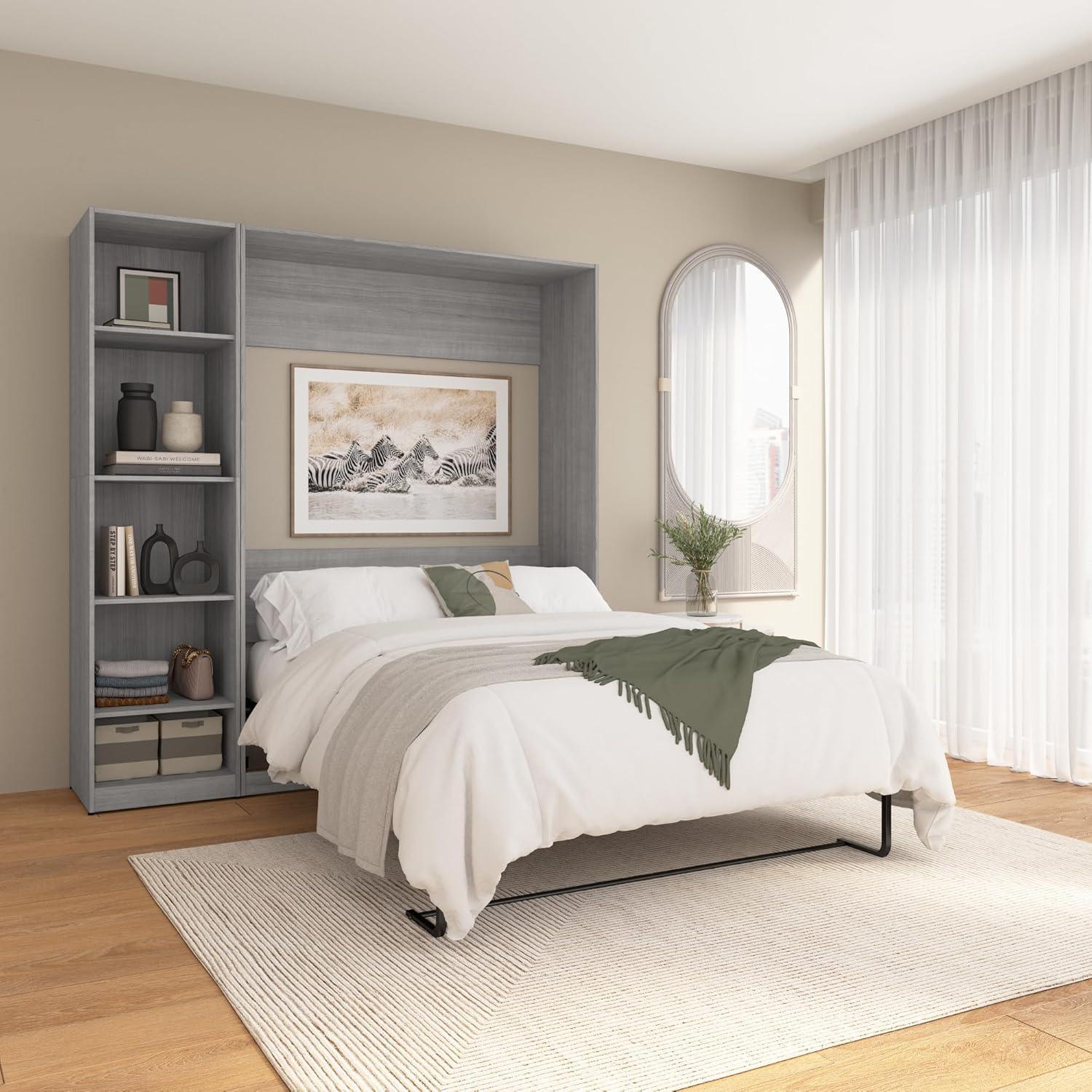 Platinum Gray Full Murphy Bed with Wood Frame and Closet Organizer