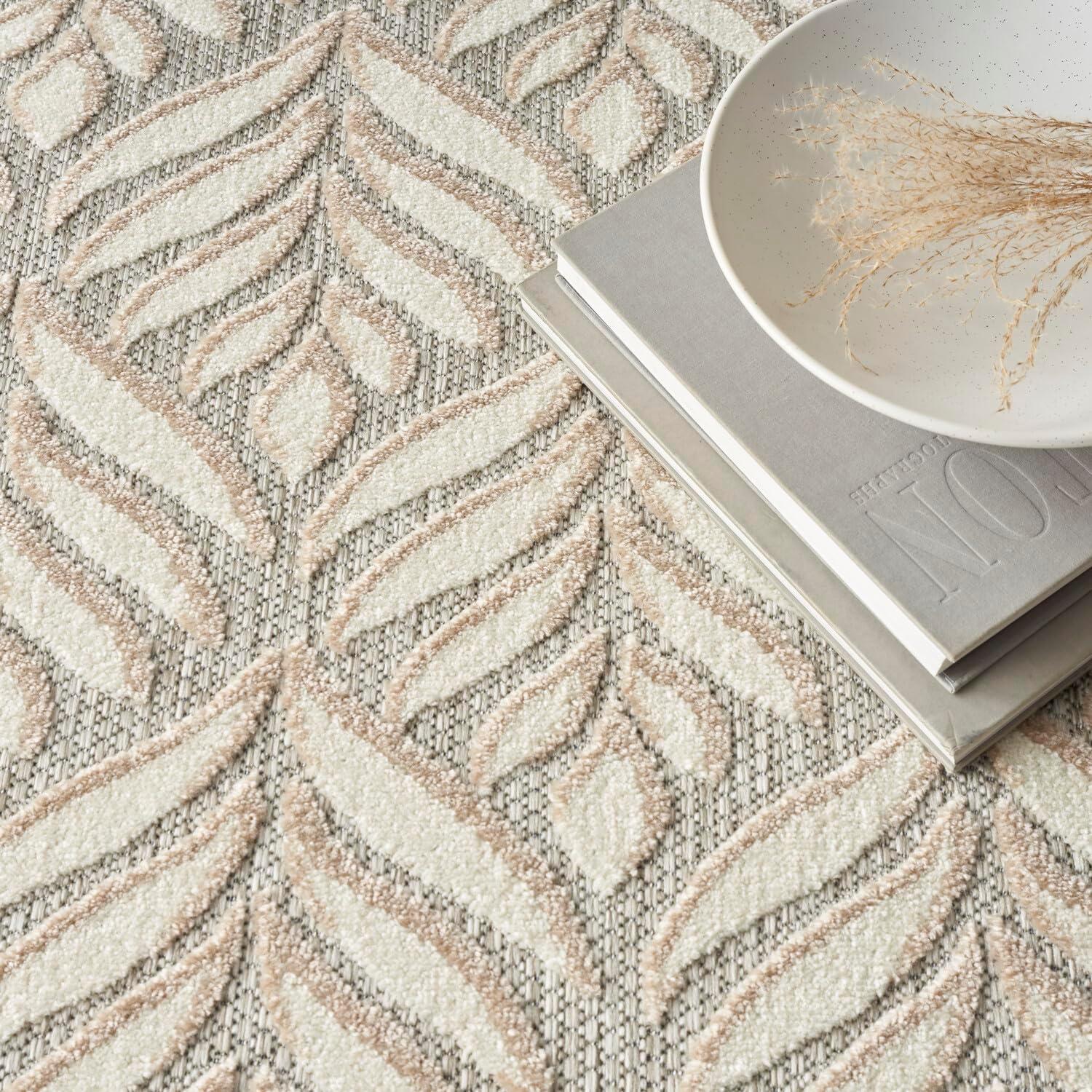 Nourison Aloha Tropical Palm Flatweave High-Low Indoor Outdoor Area Rug Ivory Grey 5'3" x 7'5"