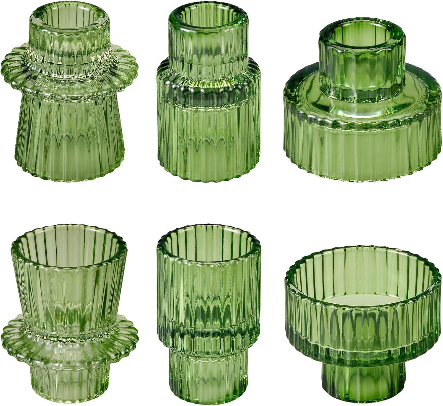 Taper Glass Candlestick Holders Tealight Candle Holders for Table Centerpieces, Wedding Decor and Dinner Party (6 Pcs, Green)