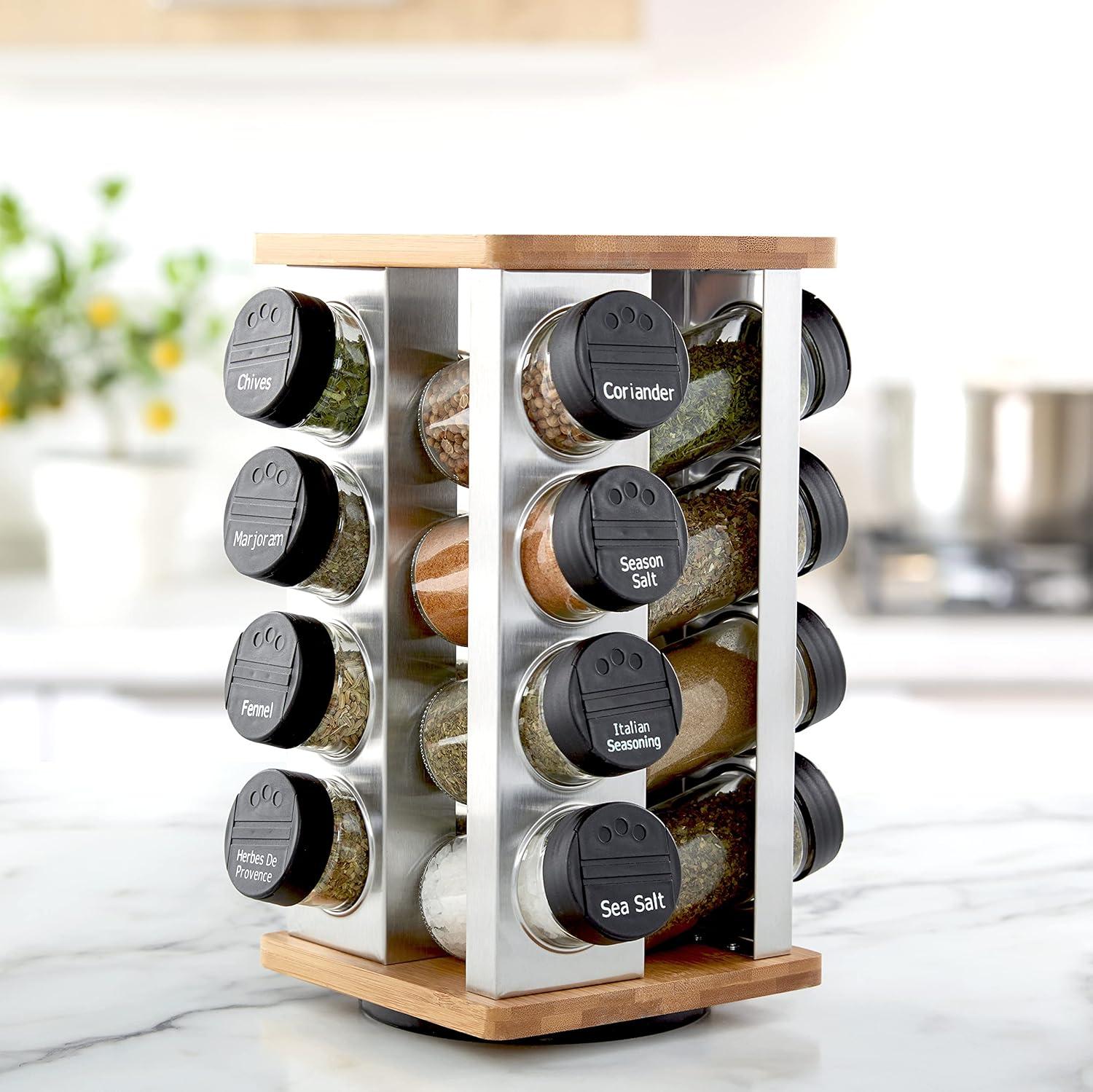 Bamboo and Stainless Steel Revolving Countertop Spice Rack with 16 Jars