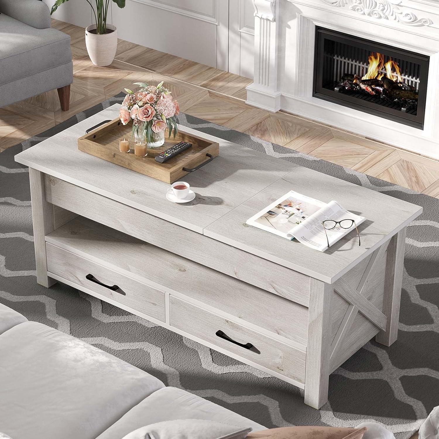 Gray Rectangular Lift-Top Coffee Table with Storage Drawers