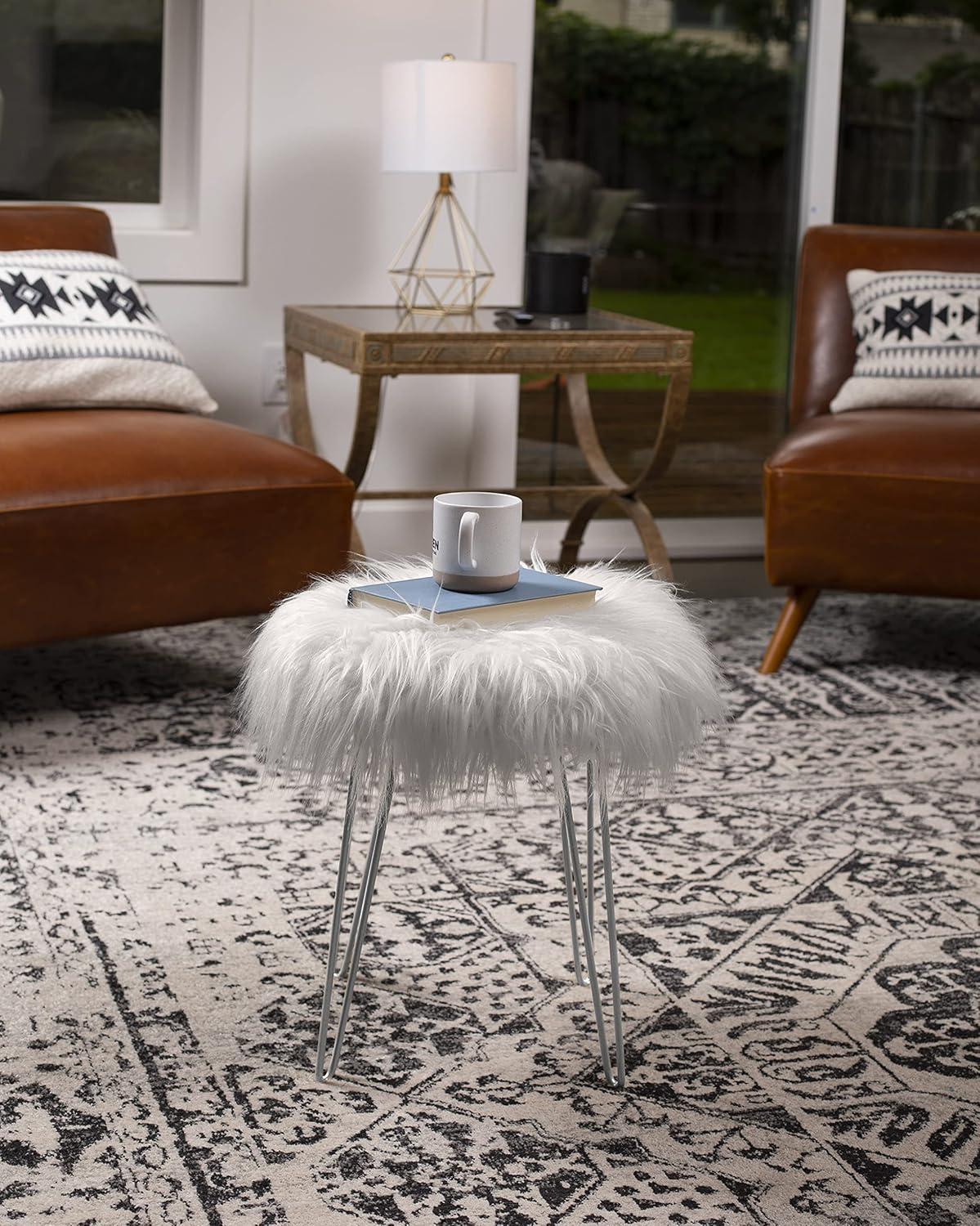 BirdRock Home Round Faux Fur Foot Stool Ottoman - Grey with Silver Legs