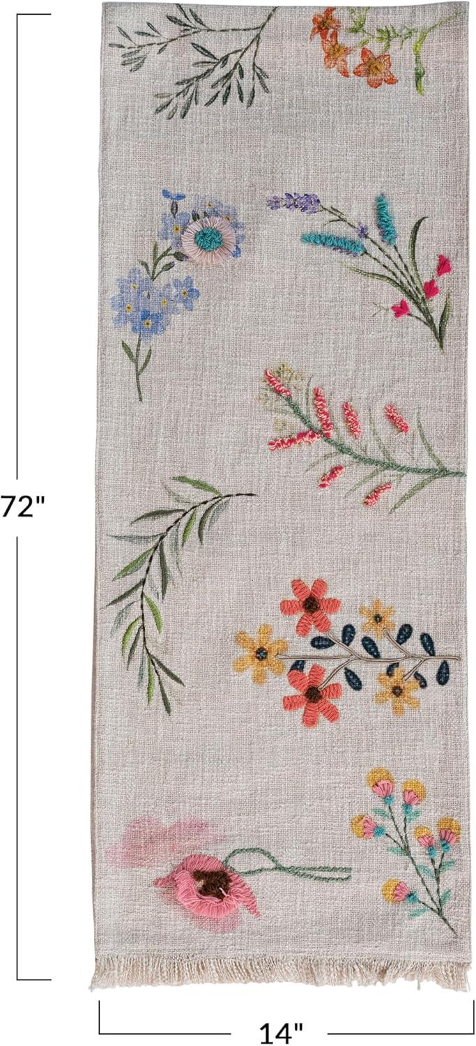 Bloomingville Long Slub Printed Rectangle Table Runner with Flowers, Embroidery and Fringe, Multicolor