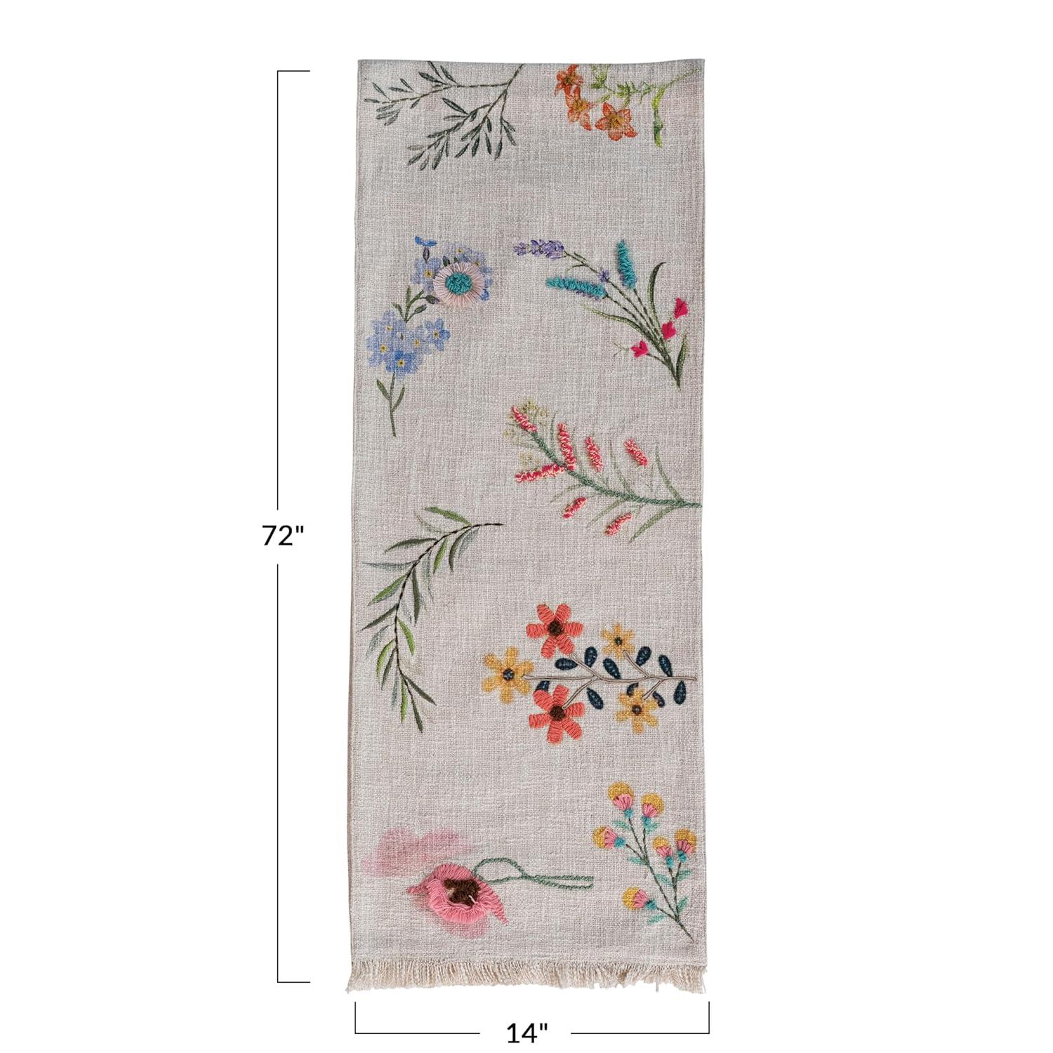 Bloomingville Long Slub Printed Rectangle Table Runner with Flowers, Embroidery and Fringe, Multicolor