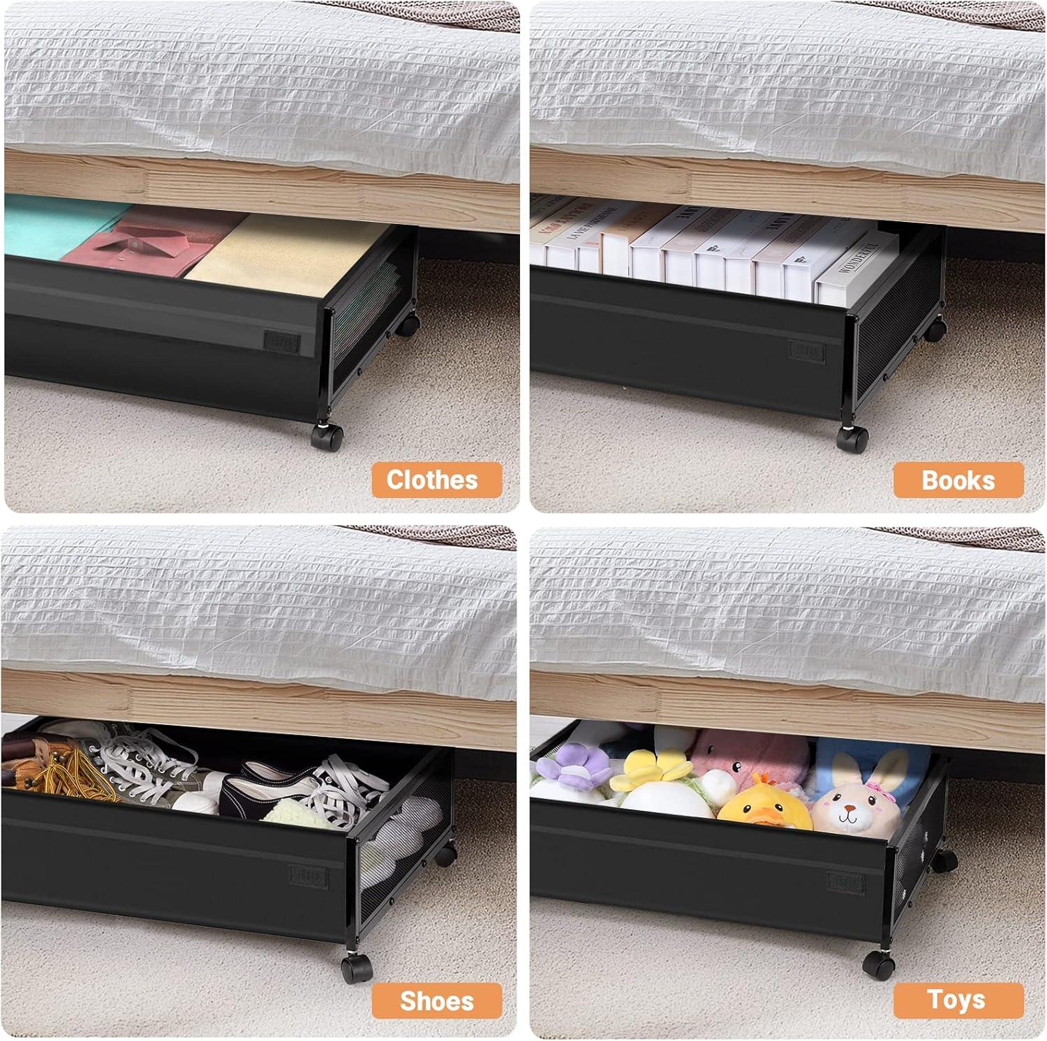 Black Fabric Under Bed Storage with Wheels and Lid