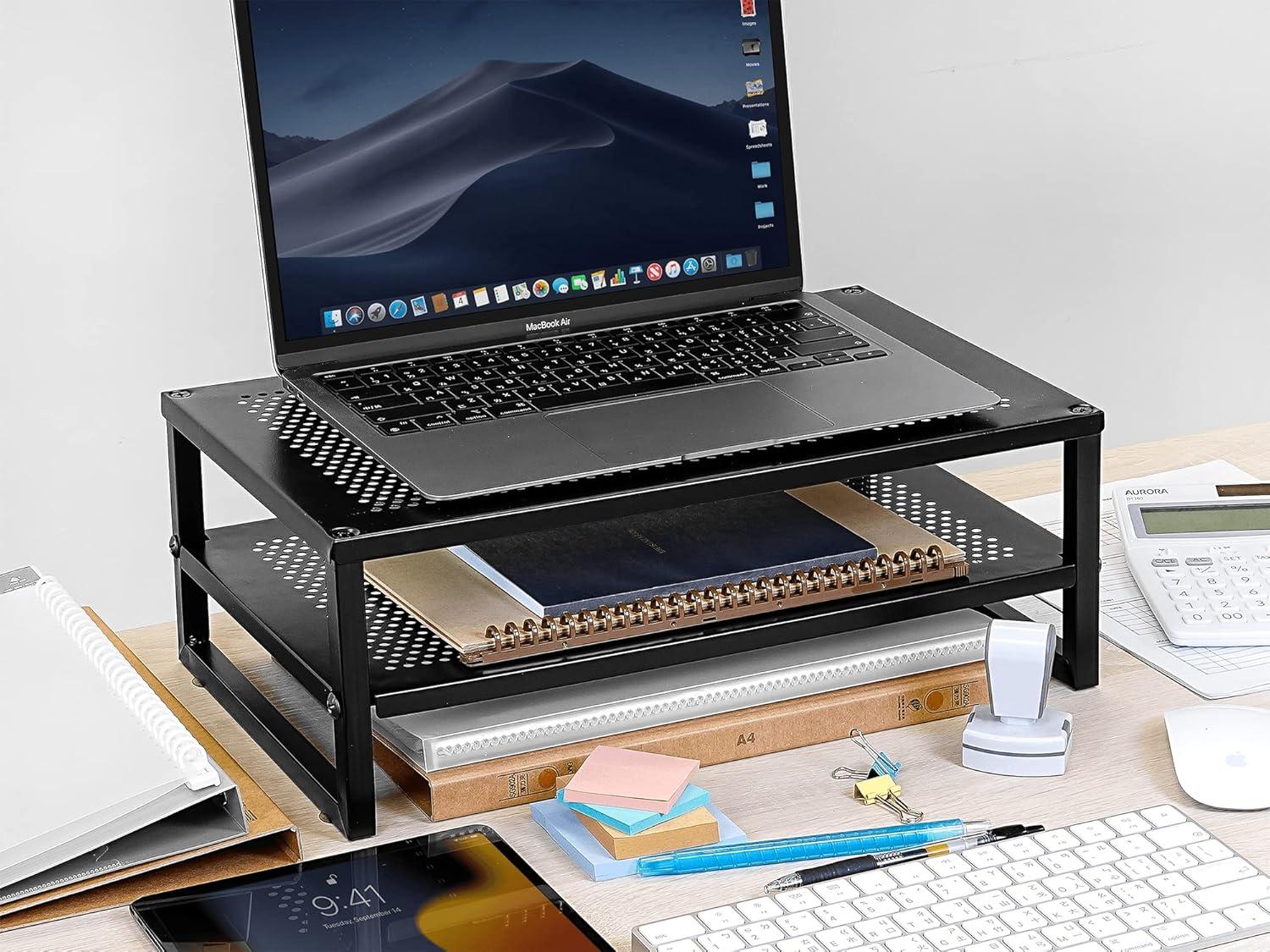 Black Metal 2-Tier Monitor Stand with Perforated Shelves