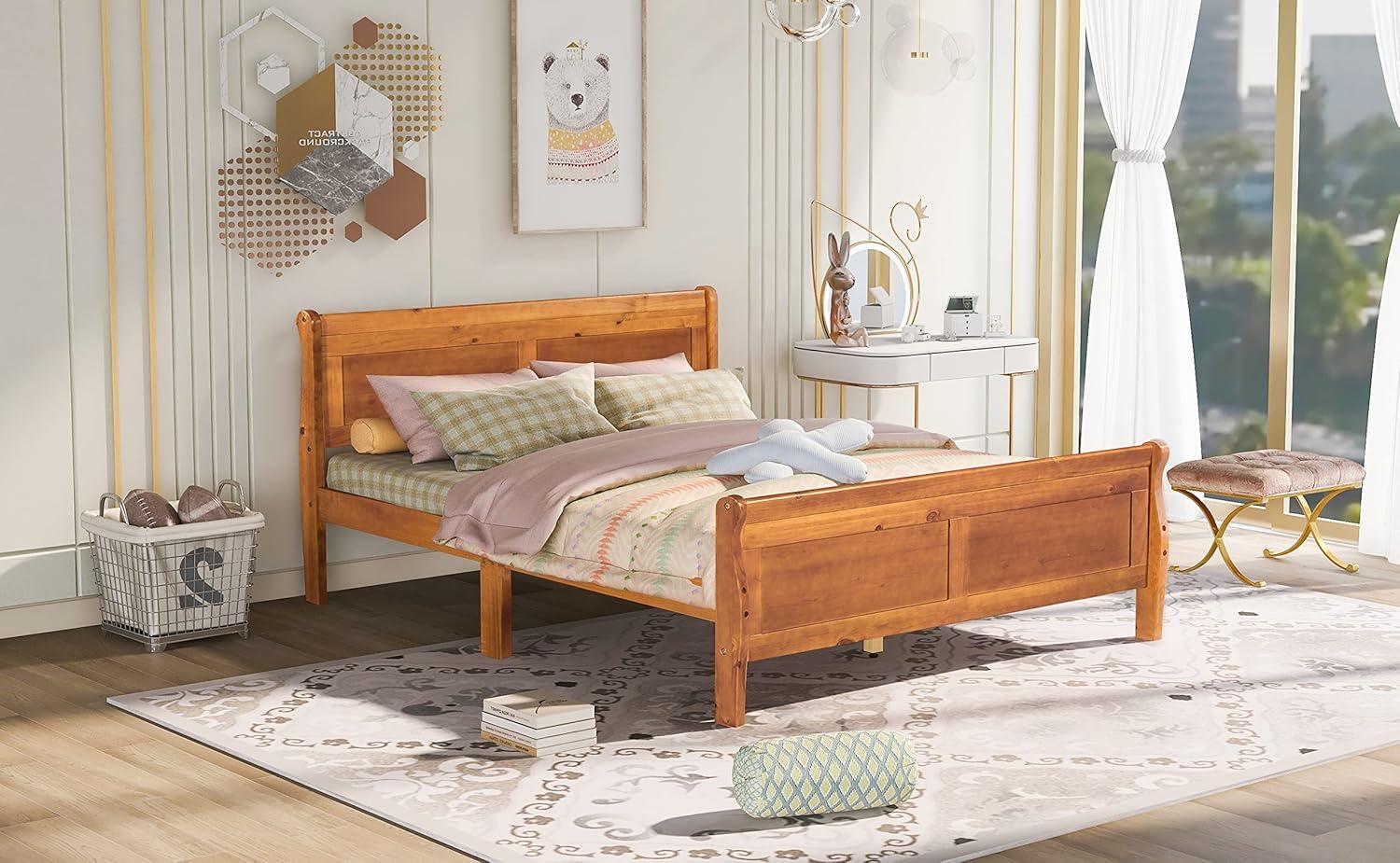 Oak Queen Platform Bed with Headboard and Storage