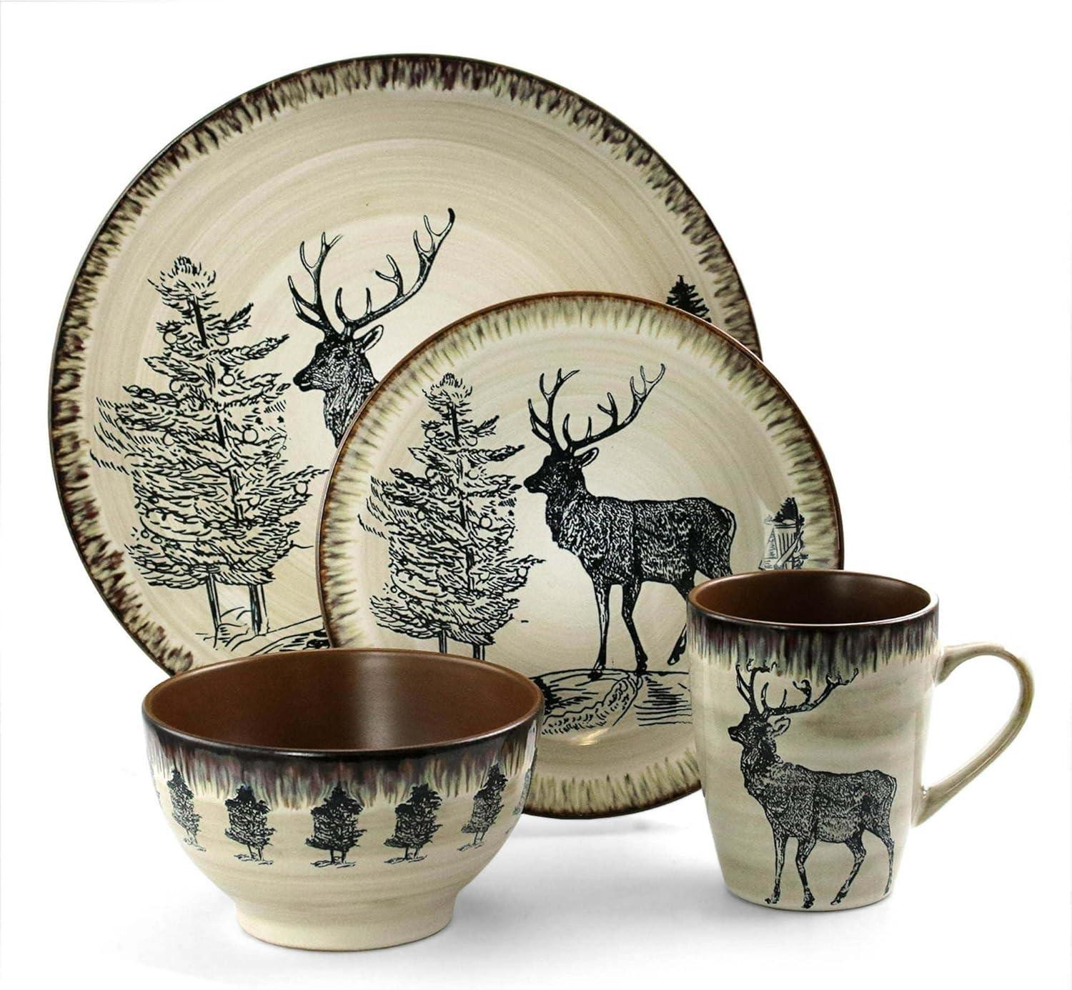 Elama Majestic Elk 16 Piece Round Stoneware Dinnerware Set in Taupe