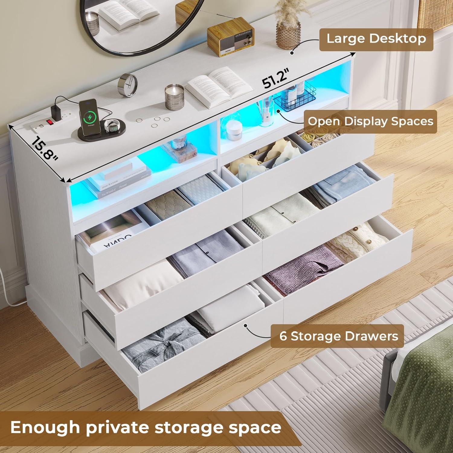 6 Drawers Dresser Storage Cabinets for Bedroom, Dresser Chest of Drawers with Charging Station&LED Lights for Living Room, White