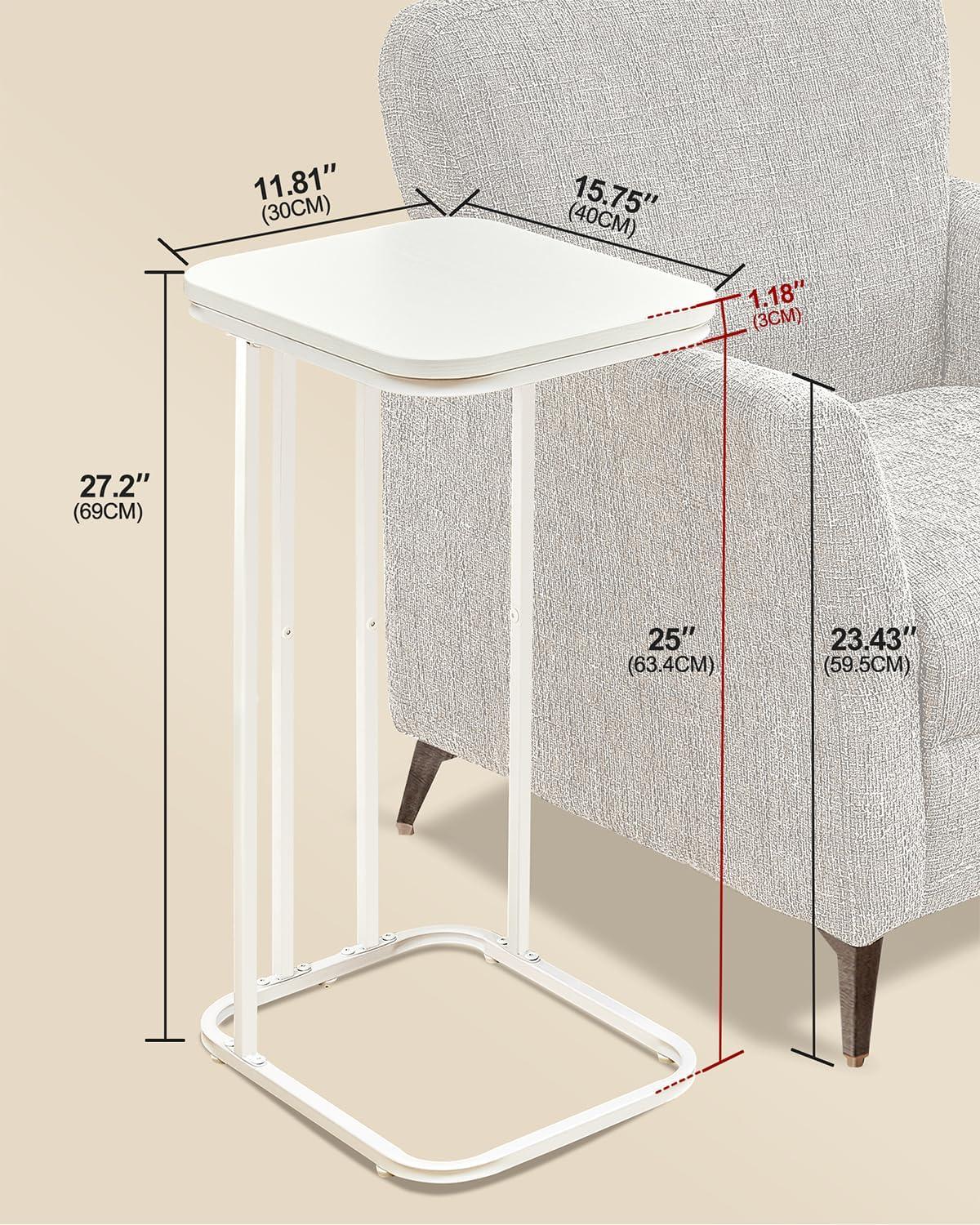 C Shaped End Table, 27 Inches High Small Side Table for Sofa and Bed, Couch Table That Slides Under, Tall Tv Tray Table for Living Room, Bedroom, Metal Frame, Snow White