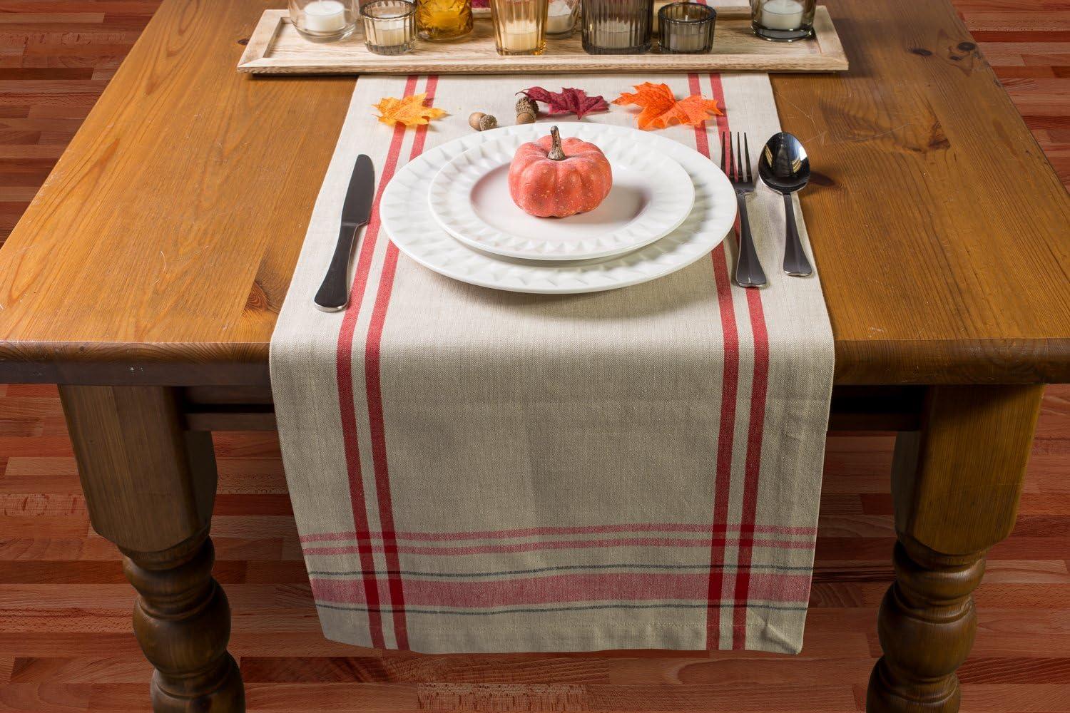 DII 14x108" Modern Cotton French Stripe Table Runner in Taupe Beige/Red