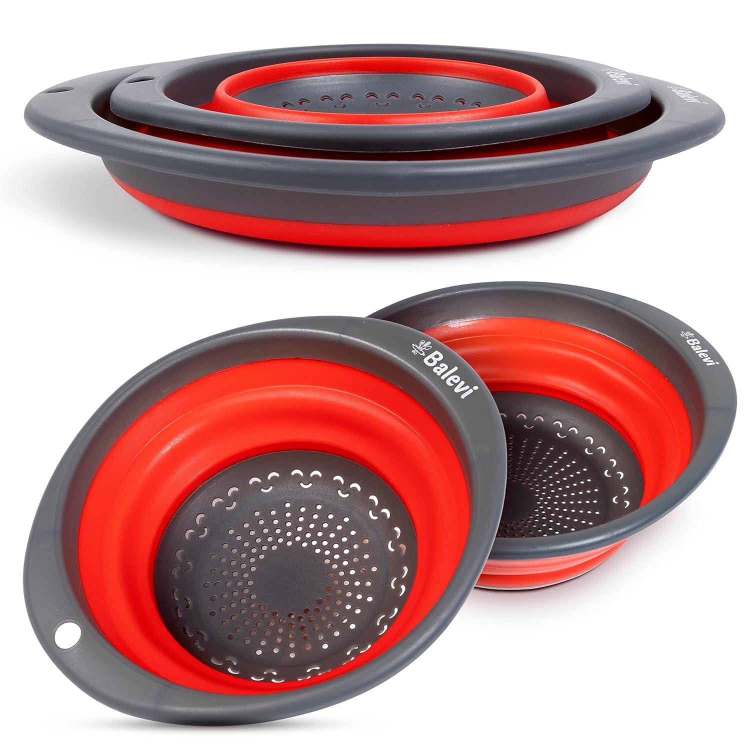 "Balevi Collapsible Strainers for Kitchen - Collapsible Colander Set of 2 Made of Silicone - Collapsible Strainer with Little Pegs to Keep Food Elevated - Green"