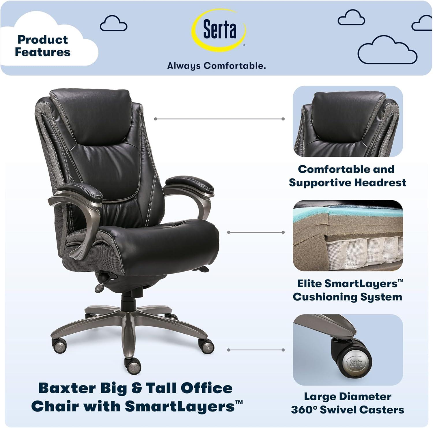 Serta Baxter Big and Tall Smart Layers Executive Office Chair with Layered Body Pillows