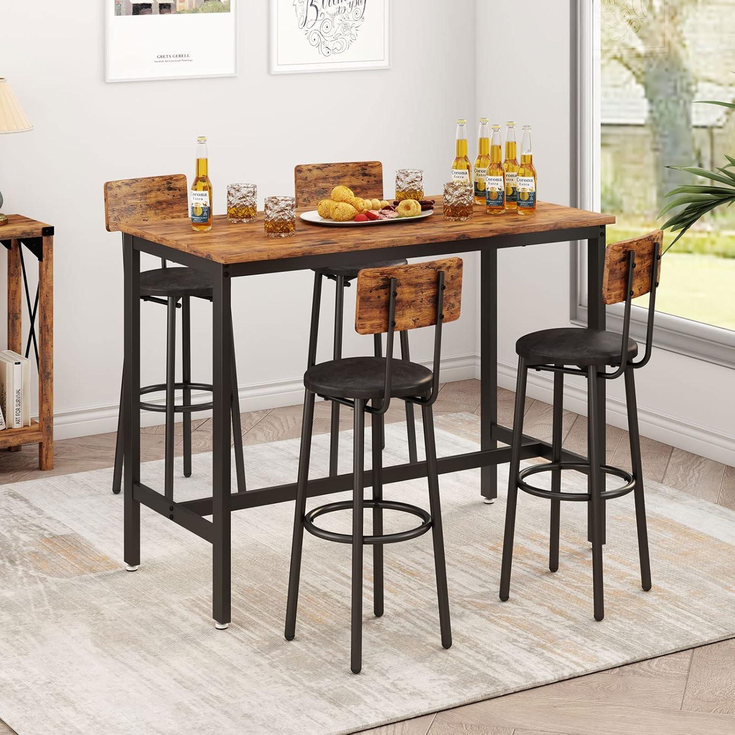 Rustic Brown Metal and Wood Pub Table Set with 4 Chairs