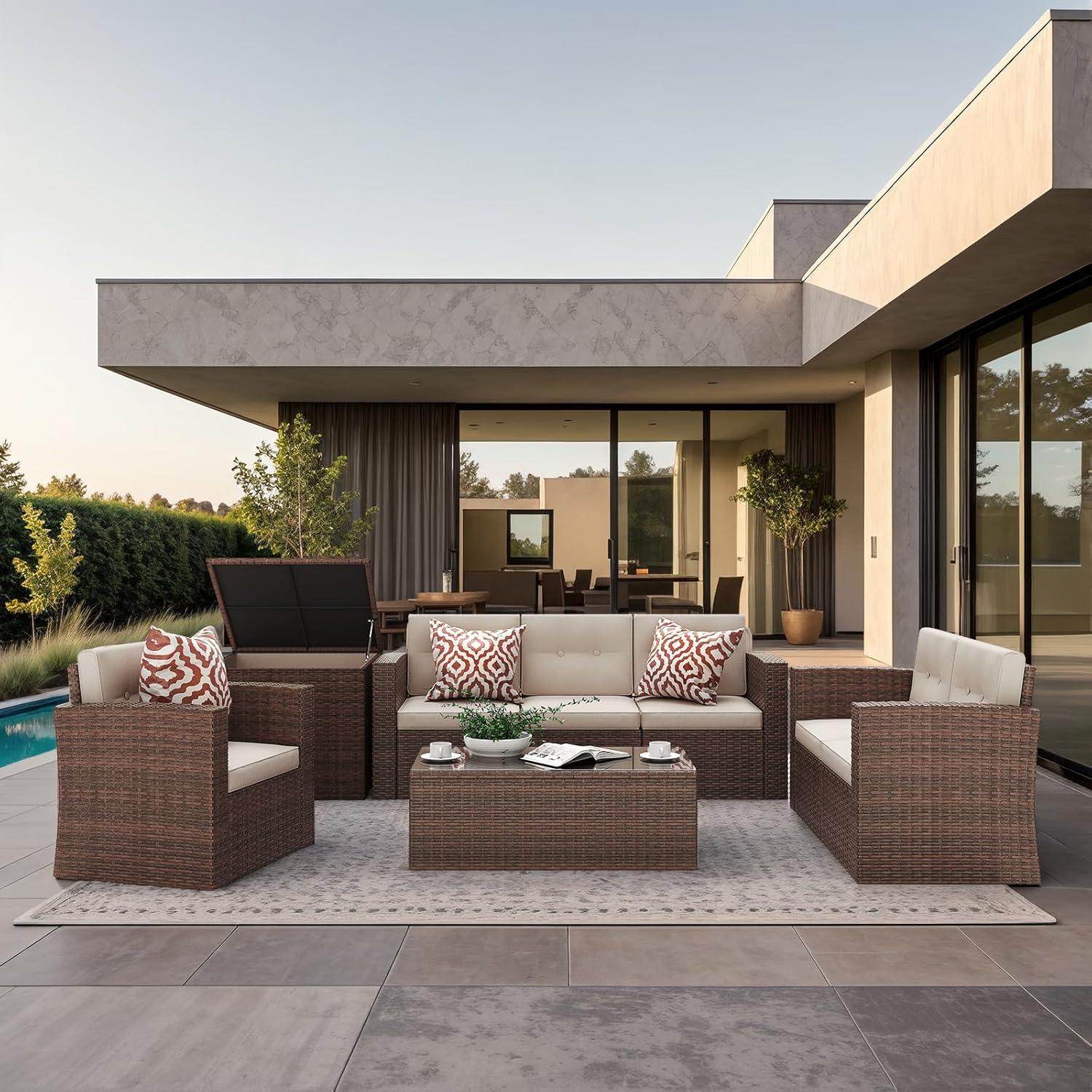 8-Piece Beige and Brown Wicker Patio Sectional Set