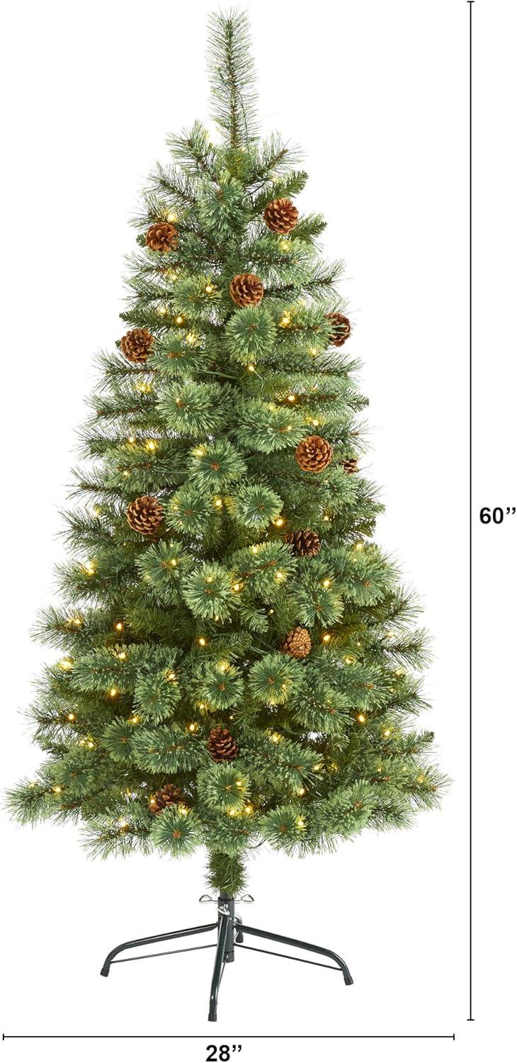 Nearly Natural Pre-Lit LED White Mountain Pine Artificial Christmas Tree with Pinecones Clear Lights