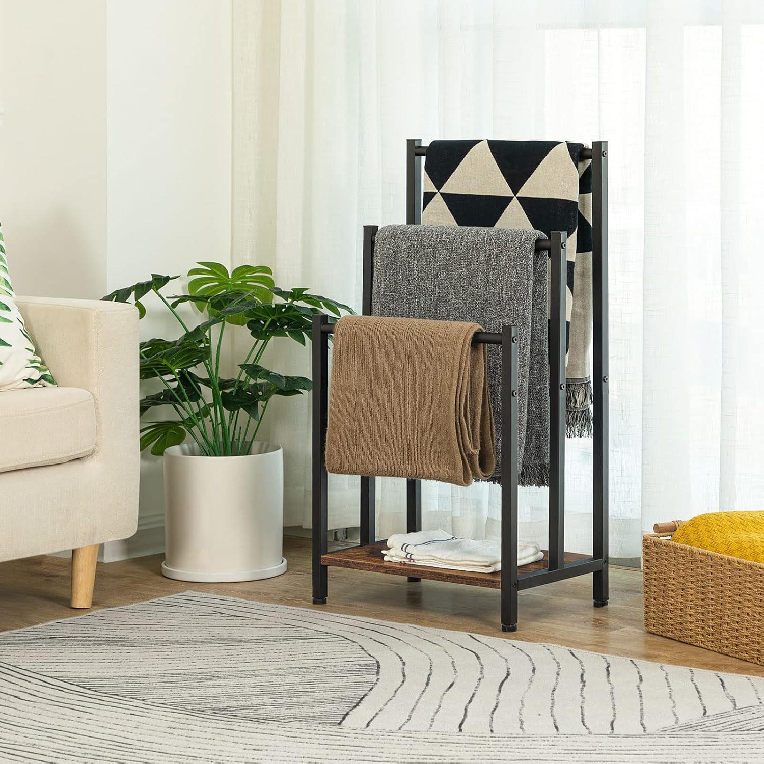 HOOBRO Free Standing Towel Rack, 3 Tier Blanket Rack, Blanket Holder for Bathroom, 16.9" L x 11" W x 31.9" H, Industrial Metal Drying and Display Rack with Shelf, Rustic Brown and Black BF03LB01