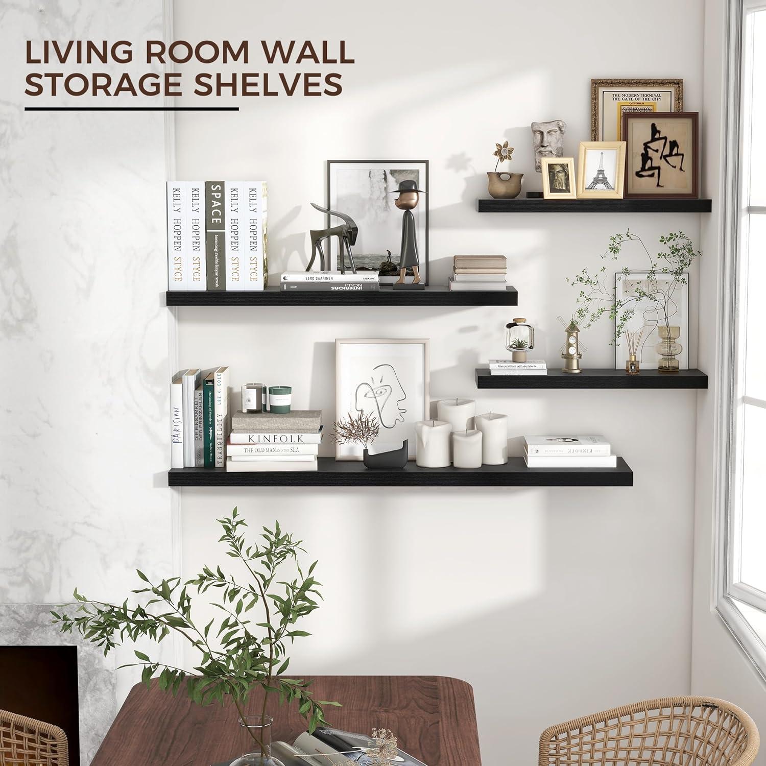 Black Wood Floating Wall Shelves with Invisible Brackets