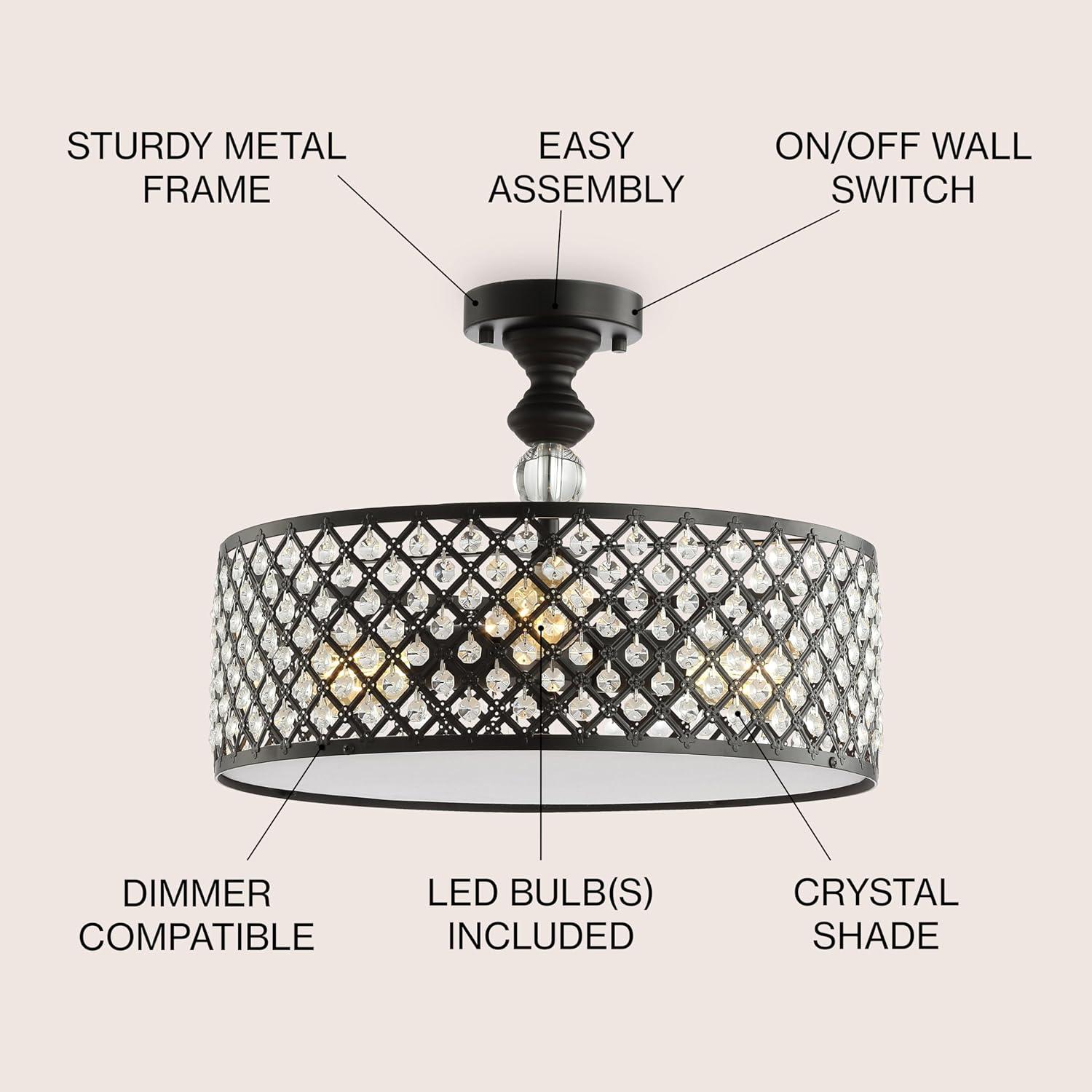 Elise 17" 3-Light Crystal/Metal Drum Semi-Flush Mount, Black