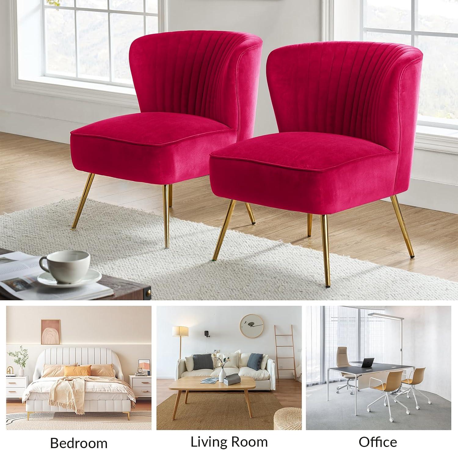 Fuchsia Velvet Armless Accent Chair Set with Gold Legs