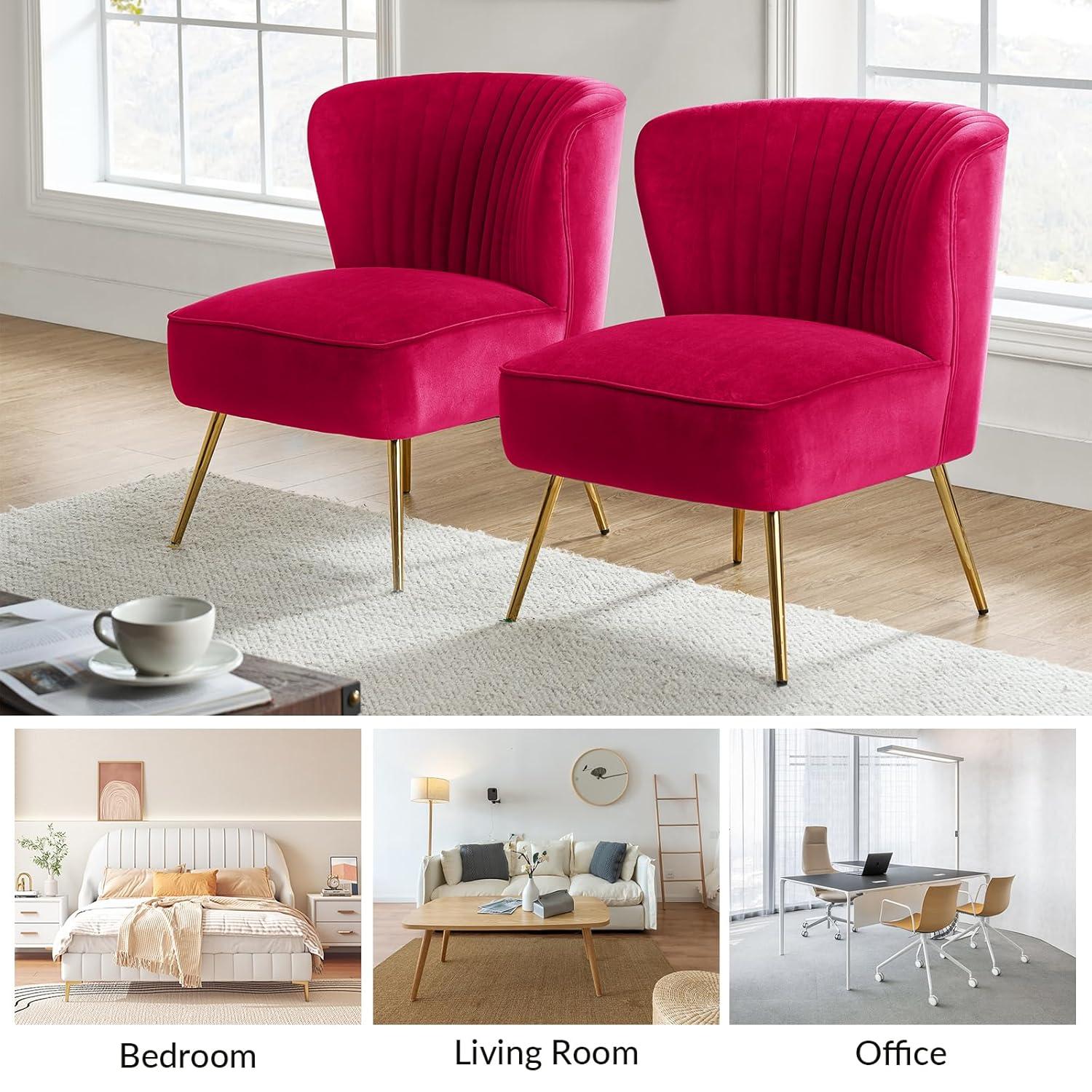 Fuchsia Velvet Armless Accent Chair Set with Gold Legs
