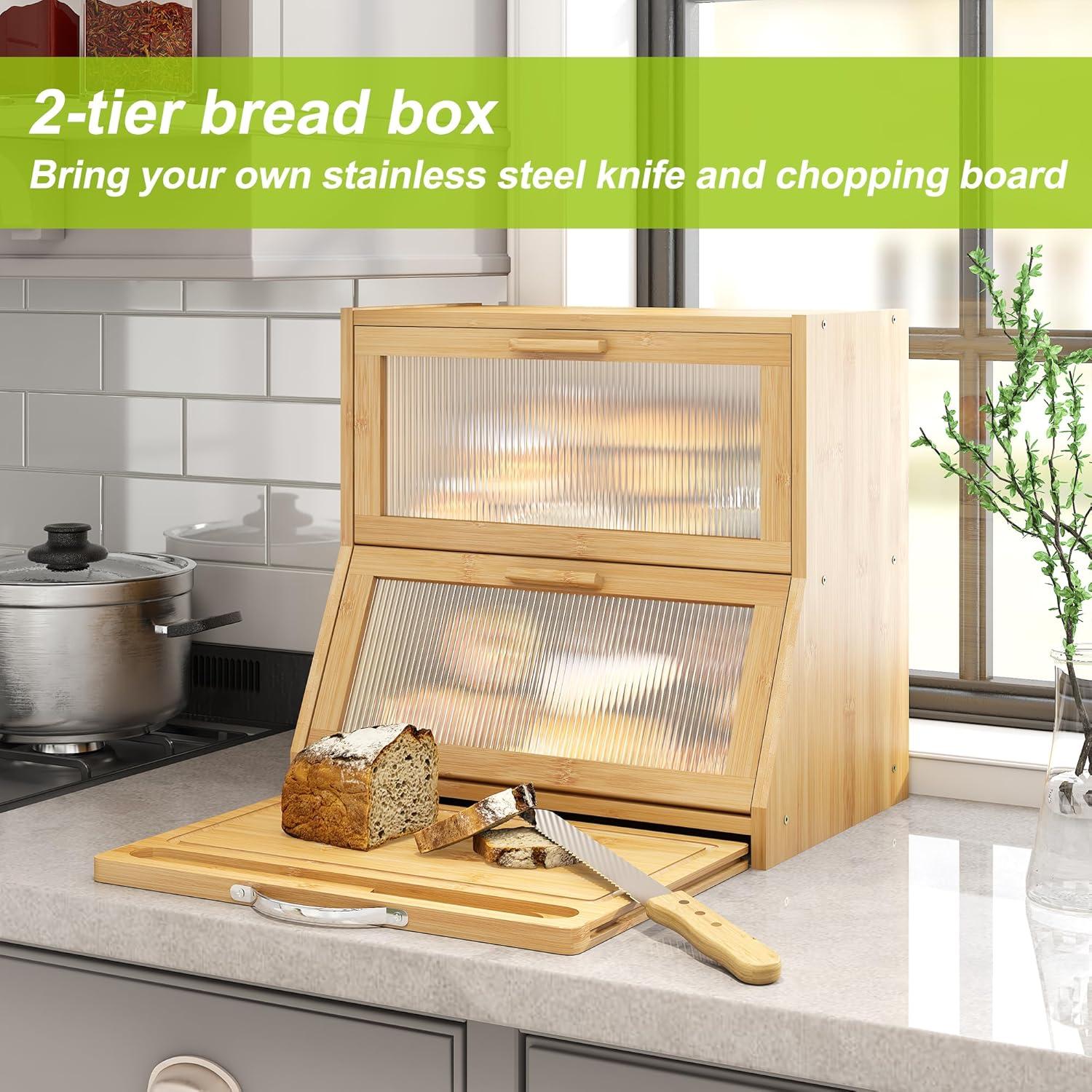 Natural Bamboo Double-Layer Bread Box with Frosted Glass