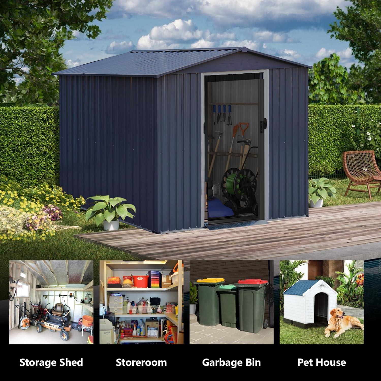 Dark Gray 8 x 6 FT Metal Outdoor Storage Shed with Sliding Doors