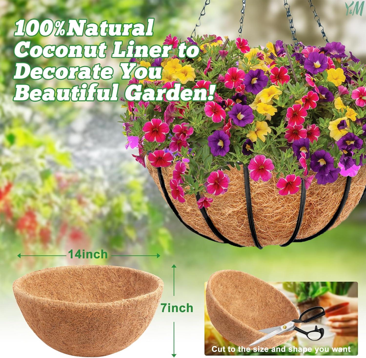 4 PCS Round Flower Pot Coconut Basket,Casewin Hanging Basket Coco Liner Natural Coconut Planter Basket Liner for Hanging Baskets at Indoor Outdoor Garden Porch Balcony (14 Inch)
