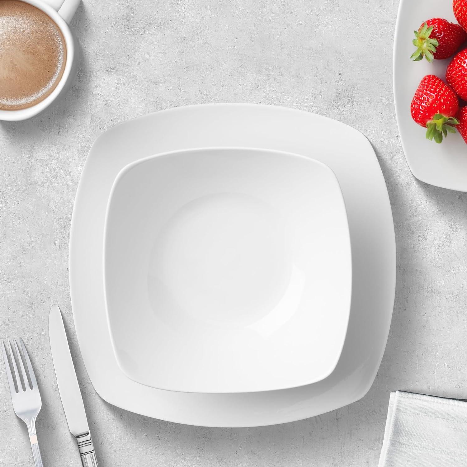 Zulay Kitchen Luna Dinnerware Set, 16 Piece Modern Porcelain Dish Set for 4, Chip and Scratch Resistant Square Plates and Bowls Sets, Microwave and Dishwasher Safe, Pearl White